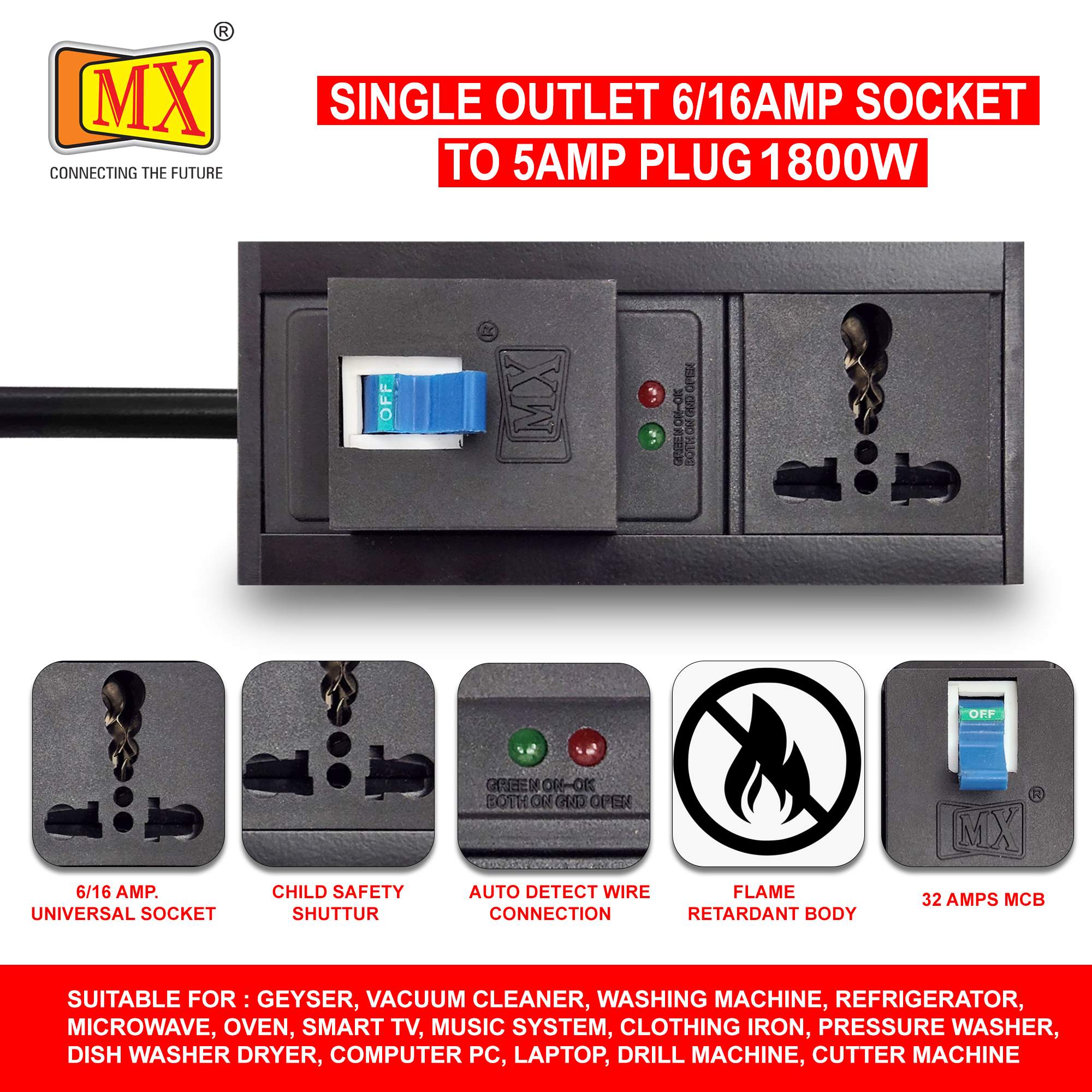 MX Single Outlet Power Distribution Unit with 6/16A Socket (1800W), 20m Heavy-Duty Cord, Child Safety Shutter, AC Line Fault Detector, Single Pole MCB Switch (32A), Flame-Retardant Body for home appliances like electric cooktop & Stove - Image 5