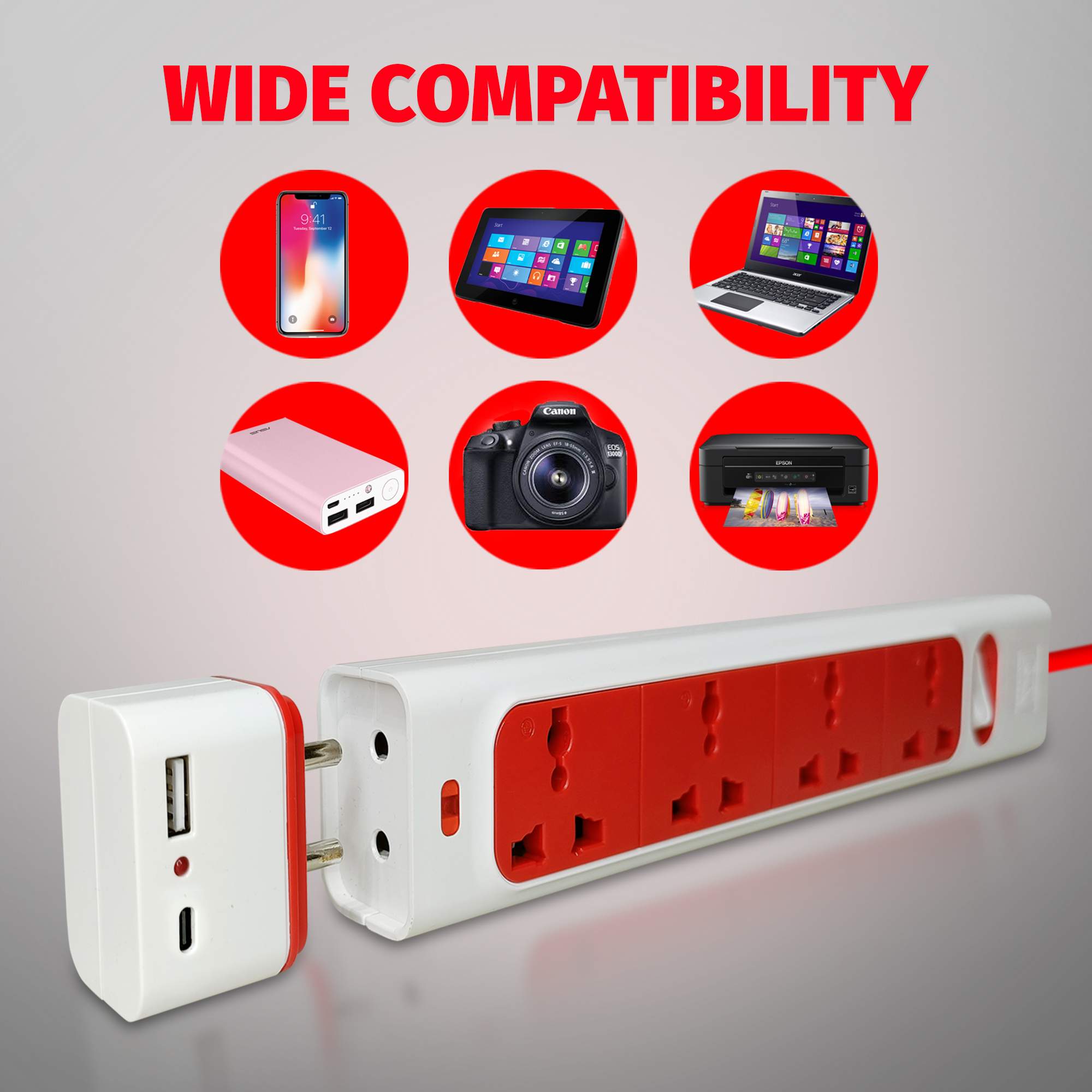 MX 7+1 Surge Protector with 4 universal socket / International Socket, Detachable 2 USB A + C 18W PD charging port (2.1A) with thermal protection & switch for home appliances like electric cooktop & Stove - Image 6