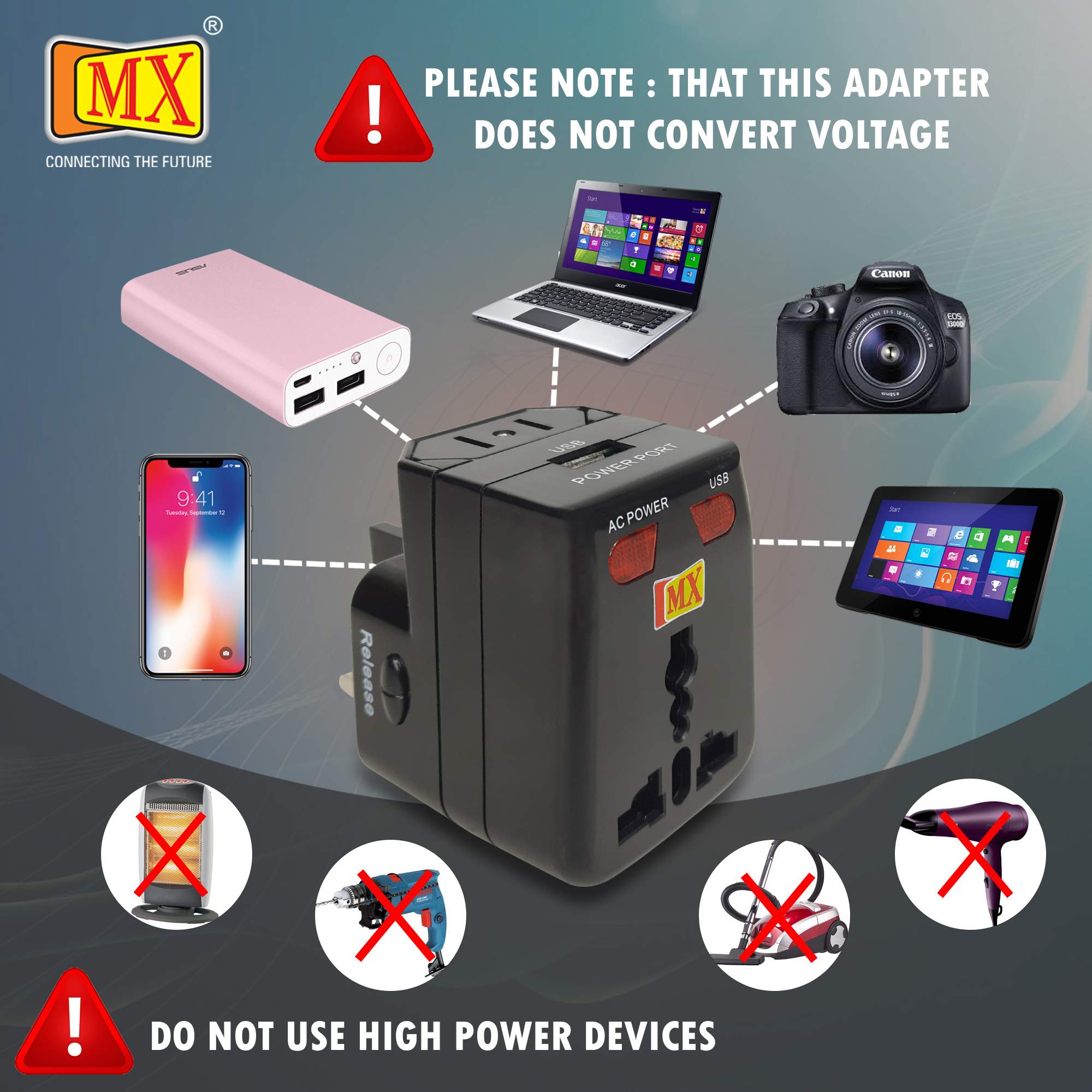 MX Universal Travel Adaptor with USB Charger with Indicator and Fuse. - Image 6