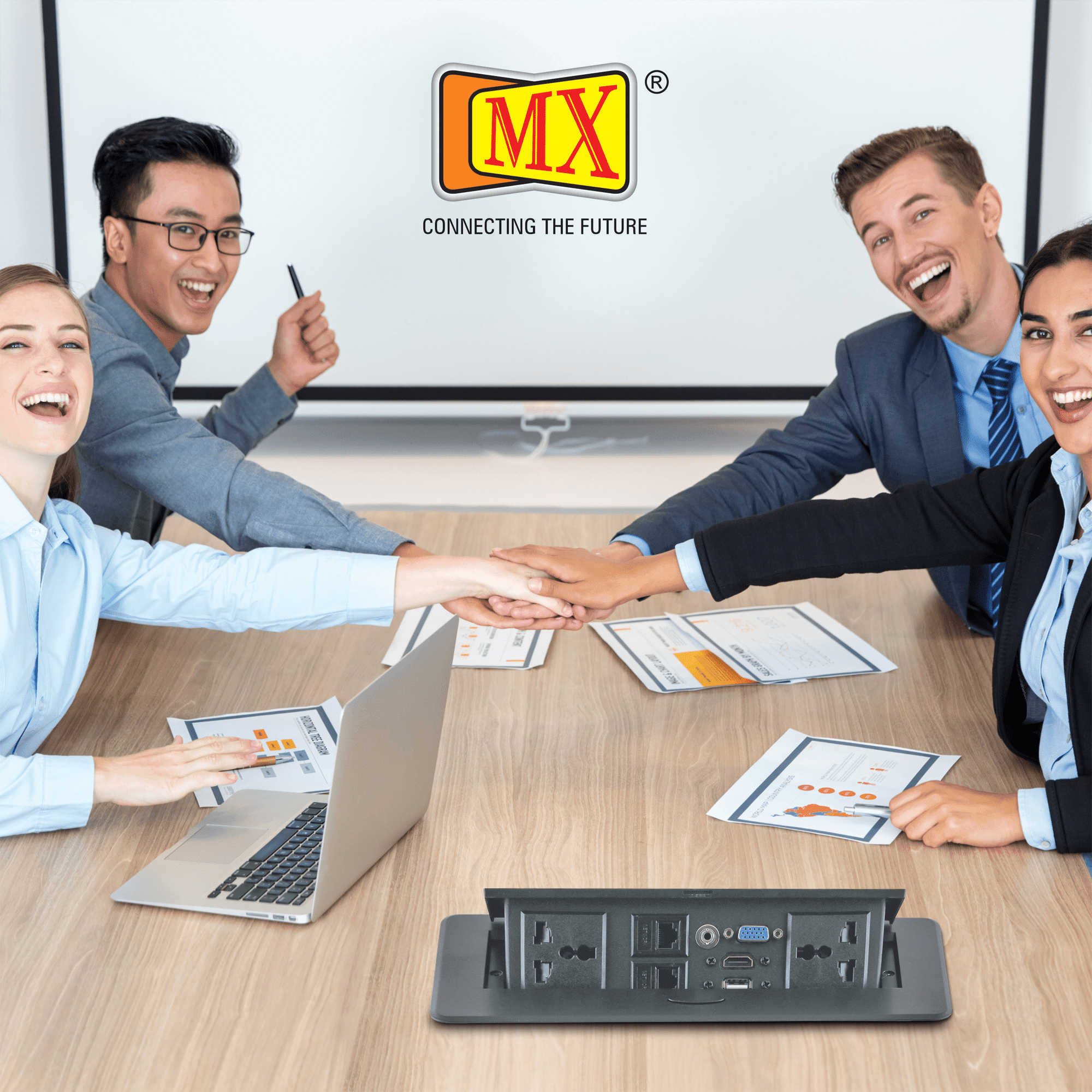 MX Hydraulic Pop Up Box/Cable Cubby with Switch 2 Universal Power Socket + 2 RJ-45 (CAT-6) + 1 VGA + 1 USB (DATA) + 1 HDMI (4K) +1 3.5 MM AUX Port (MX 7002A) - Image 3