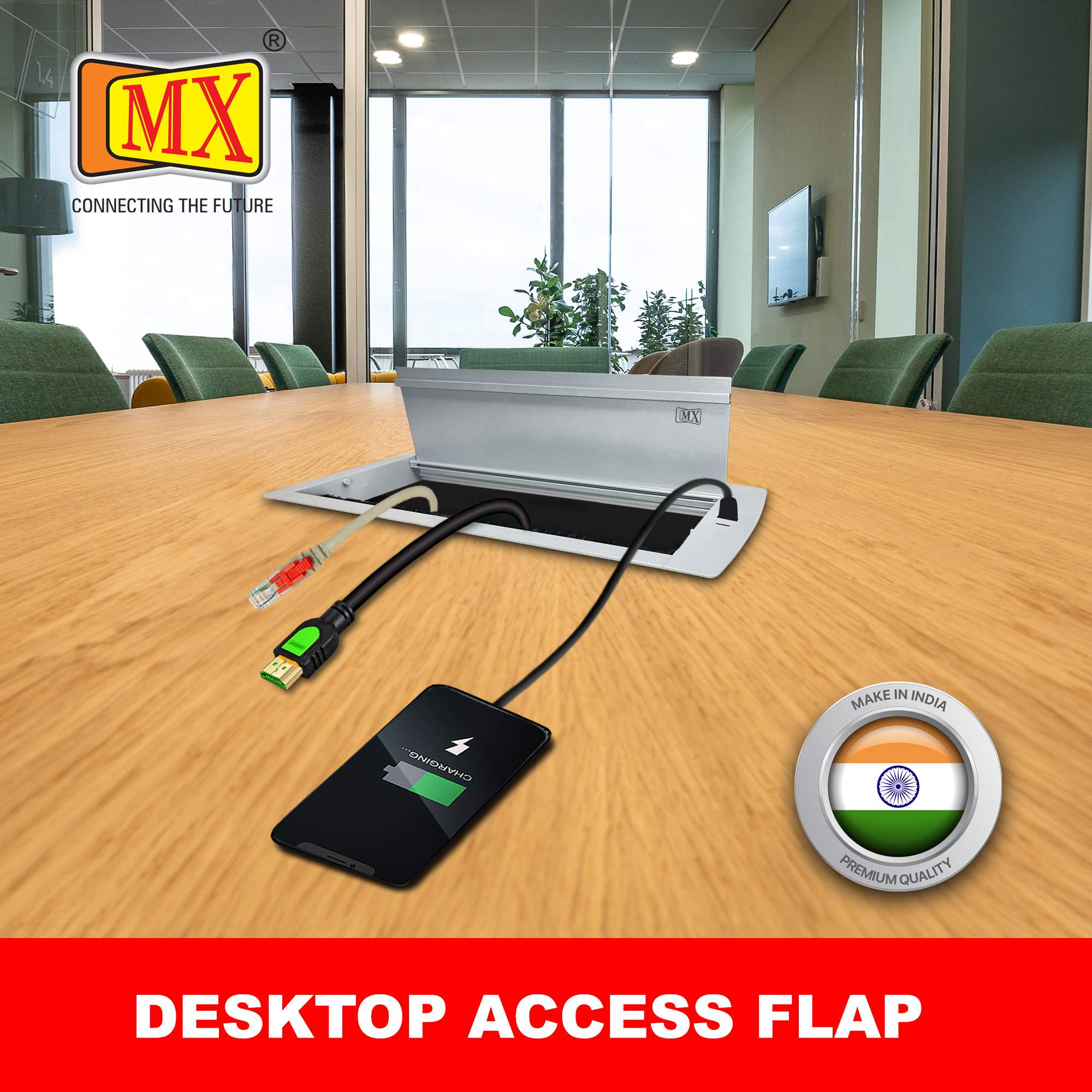MX Aluminum Alloy Access Flap with Brush: Your Ultimate Desk Organizer for Effortless Cable Management and Workspace Tidiness, Featuring Additional 1 USB-A + C Ports (CUTOUT - 466X132 MM) Metallic Silver - Image 3