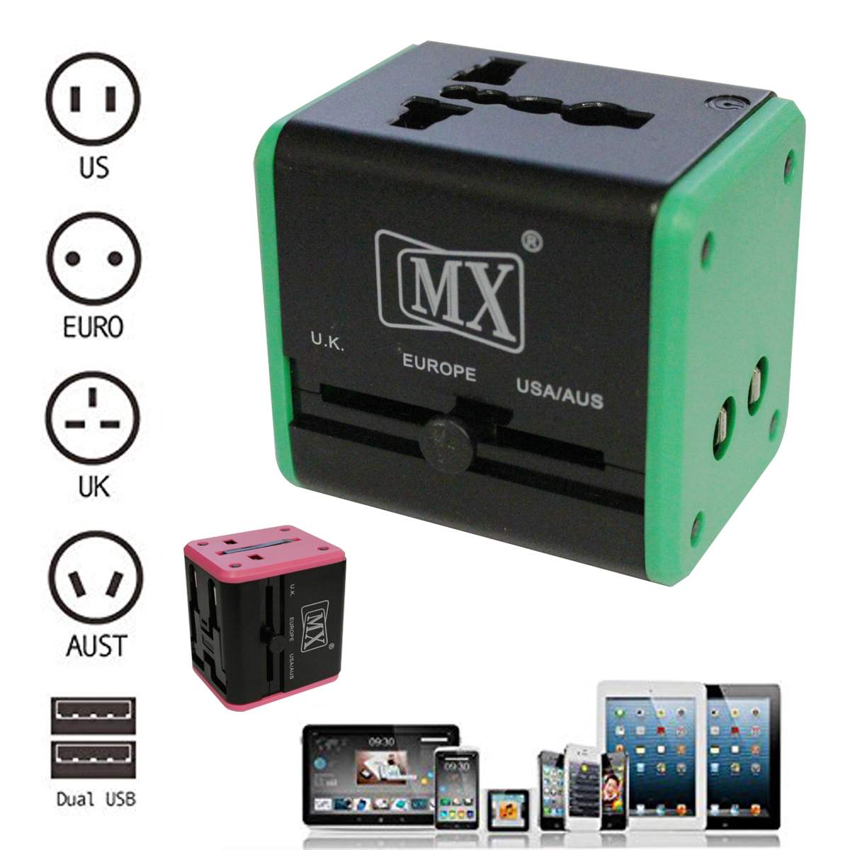 MX 4 in 1 Universal Travel Adapter with 2 USB Ports, Built-in Fuse & Surge Protector, International Conversion Plug Used Worldwide with Multi Type Power Outlet USB 2.1A, 100-250V, (MX-4024) - Image 13