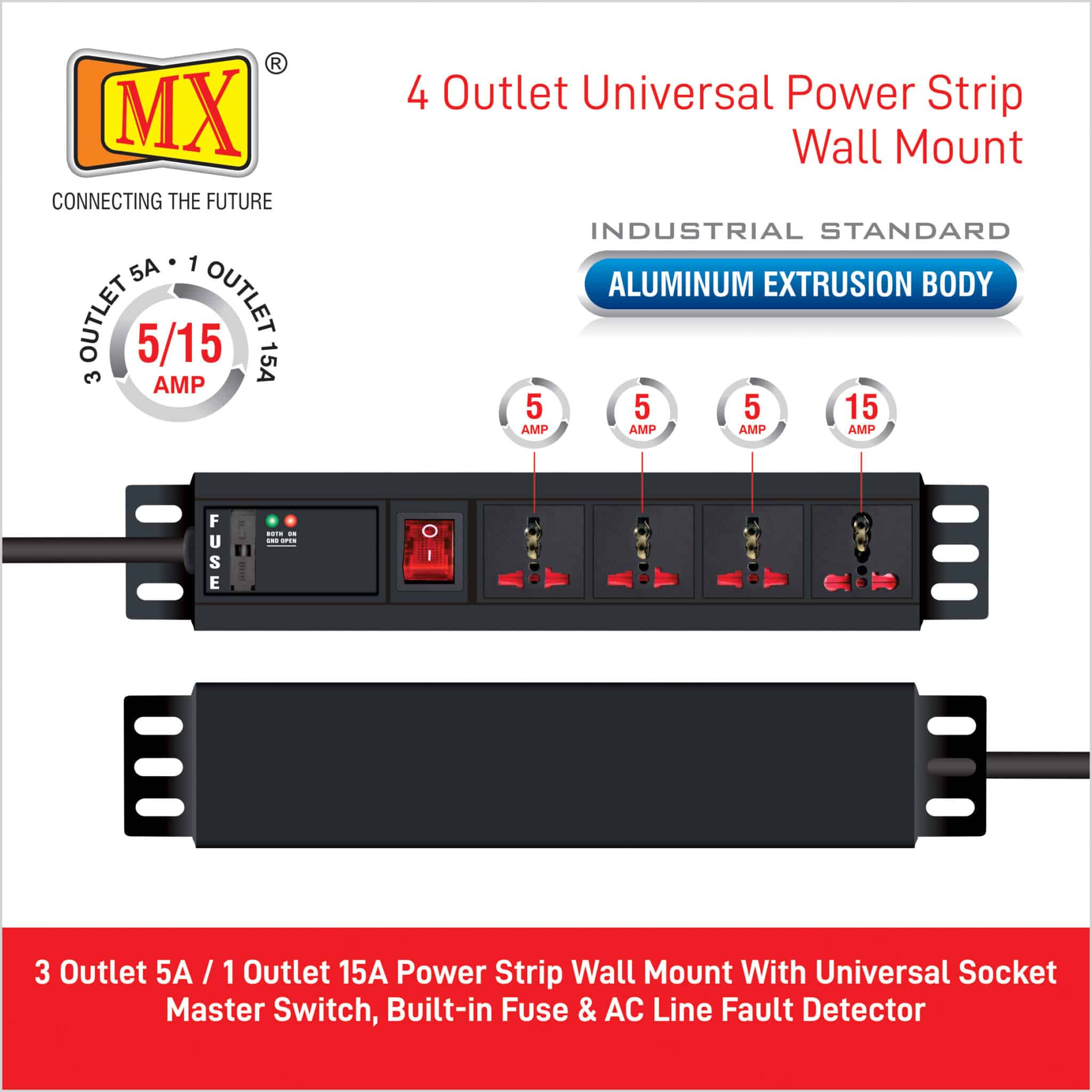 MX 4-Outlet (Three - 5 AMP + One - 15 Amp) Power Distribution Unit with Universal Socket, Child Safety Shutter, Power Strip, Industrial-Standard Aluminum Extrusion Body - Wall Mount / Desk Mount, and a Heavy-Duty 1.5-Meter Power Cord for home appliances like electric cooktop & Stove - Image 3