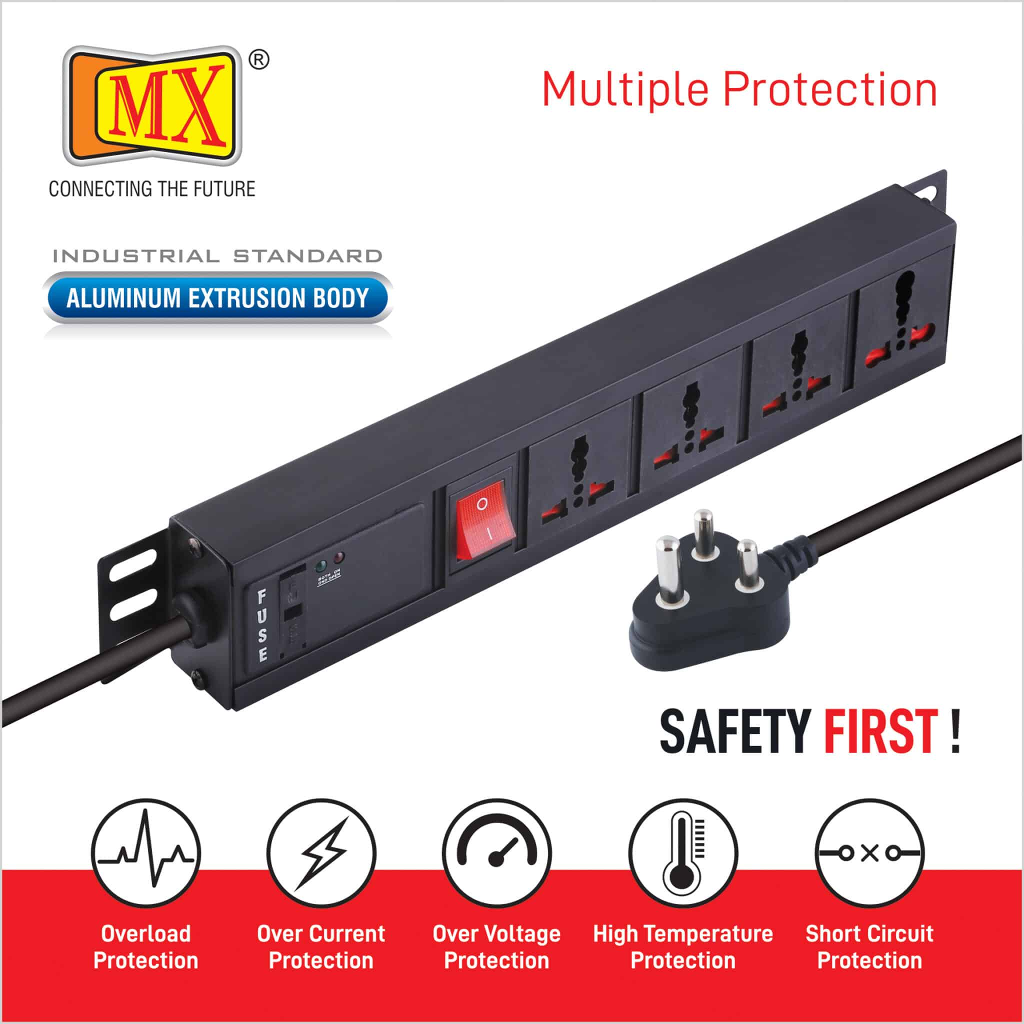 MX 4-Outlet (Three - 5 AMP + One - 15 Amp) Power Distribution Unit with Universal Socket, Child Safety Shutter, Power Strip, Industrial-Standard Aluminum Extrusion Body - Wall Mount / Desk Mount, and a Heavy-Duty 1.5-Meter Power Cord for home appliances like electric cooktop & Stove - Image 5