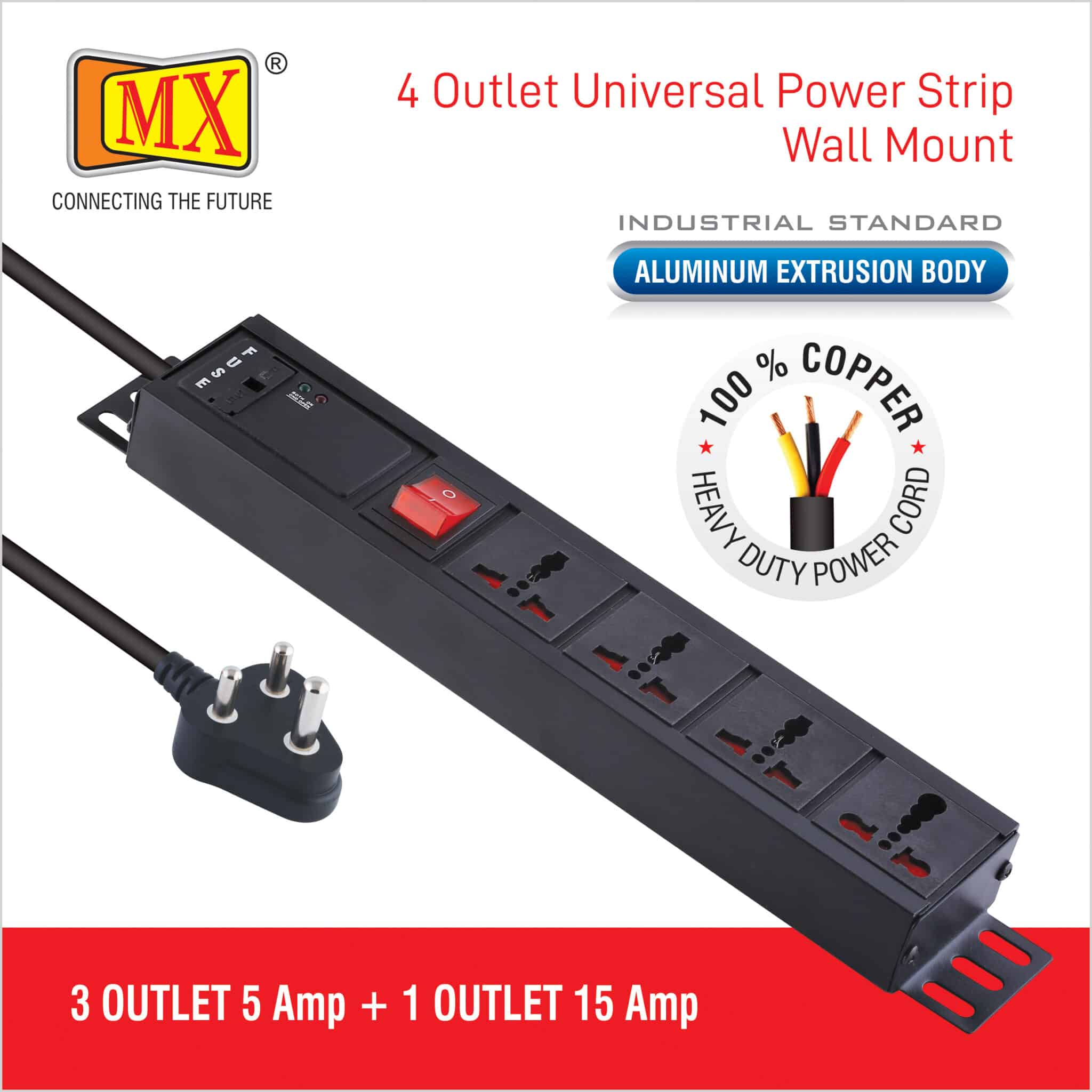 MX 4-Outlet (Three - 5 AMP + One - 15 Amp) Power Distribution Unit with Universal Socket, Child Safety Shutter, Power Strip, Industrial-Standard Aluminum Extrusion Body - Wall Mount / Desk Mount, and a Heavy-Duty 1.5-Meter Power Cord for home appliances like electric cooktop & Stove - Image 4