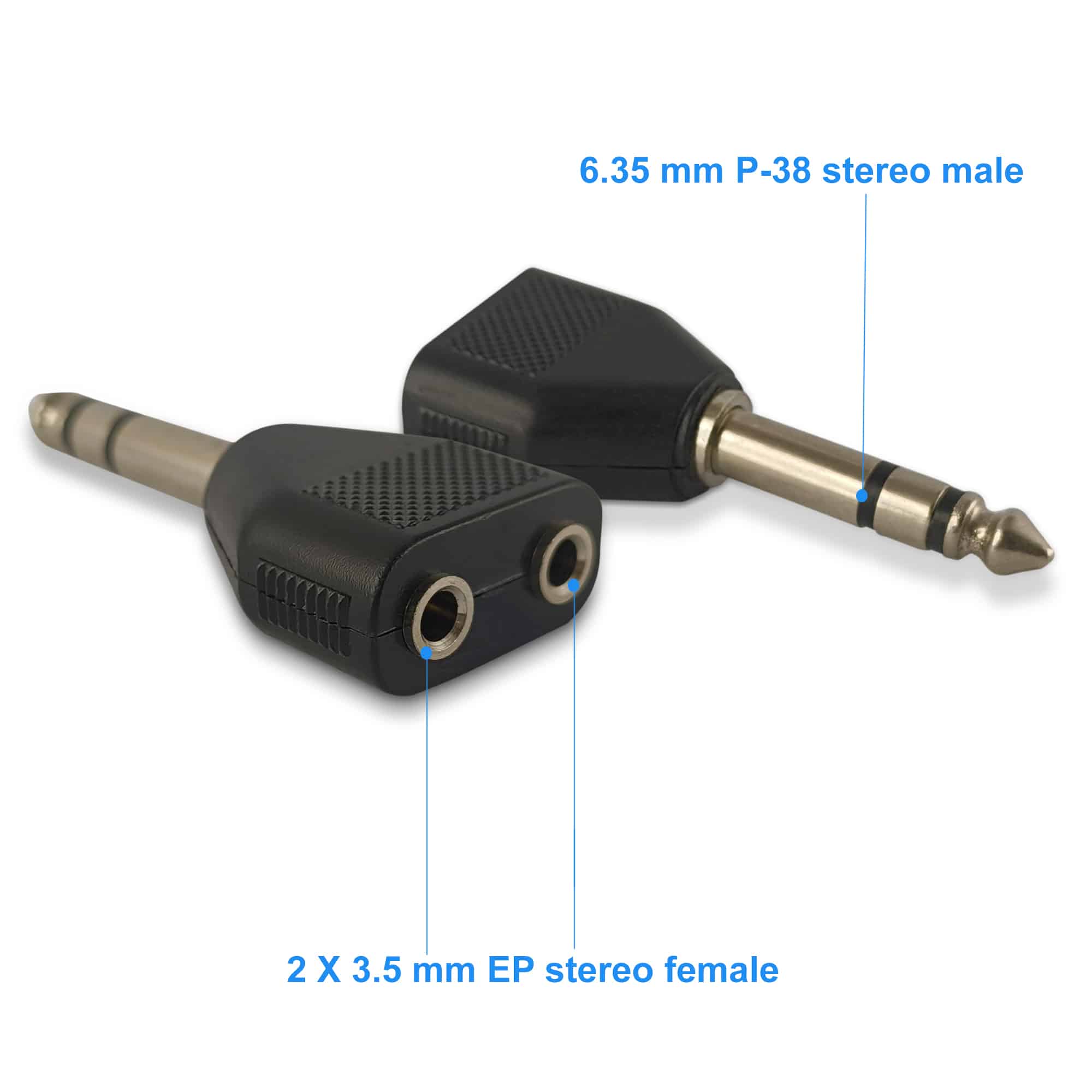 MX 6.35 mm P-38 stereo male to 2 X 3.5 mm EP stereo female connector