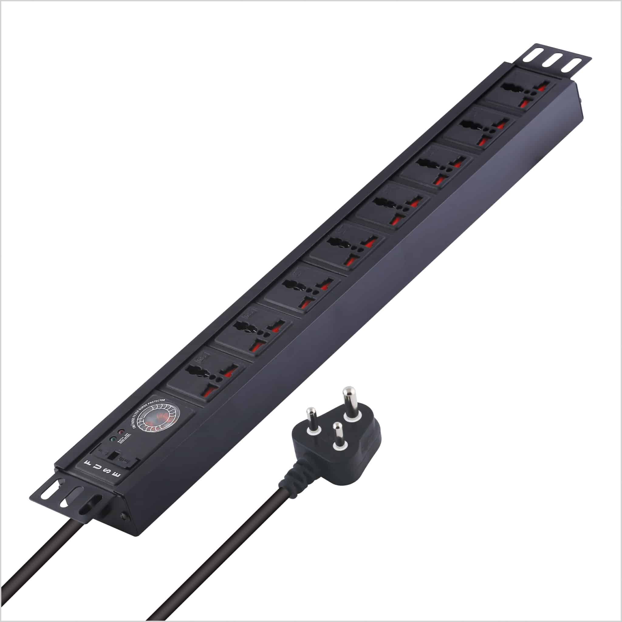 MX 8 Outlet Power Distribution Unit with 5 Amperes Universal Sockets, Child Safety Shutter, Spike & Surge Protector, Industrial Standard Aluminium Extrusion Body - Wall Mount, Desk Mount and 19 inches Rack Mountable with 1.5 Meters Power Cord