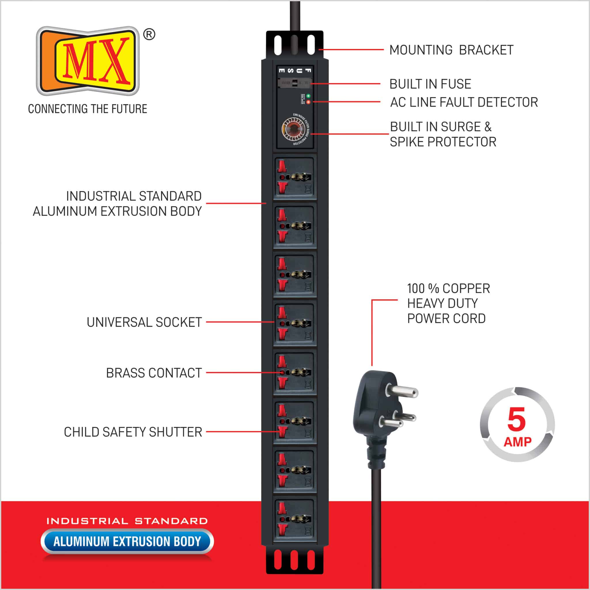 MX 8 Outlet Power Distribution Unit with 5 Amperes Universal Sockets, Child Safety Shutter, Spike & Surge Protector, Industrial Standard Aluminium Extrusion Body - Wall Mount, Desk Mount and 19 inches Rack Mountable with 1.5 Meters Power Cord for home appliances like electric cooktop & Stove - Image 2
