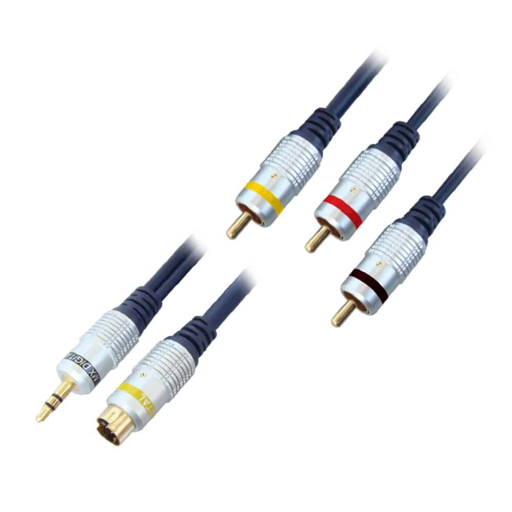 MX EP Stereo Male 3.5mm + S-video 4 Pin Mini Din Male To 3 RCA Male Cord - 1.5 Mtr