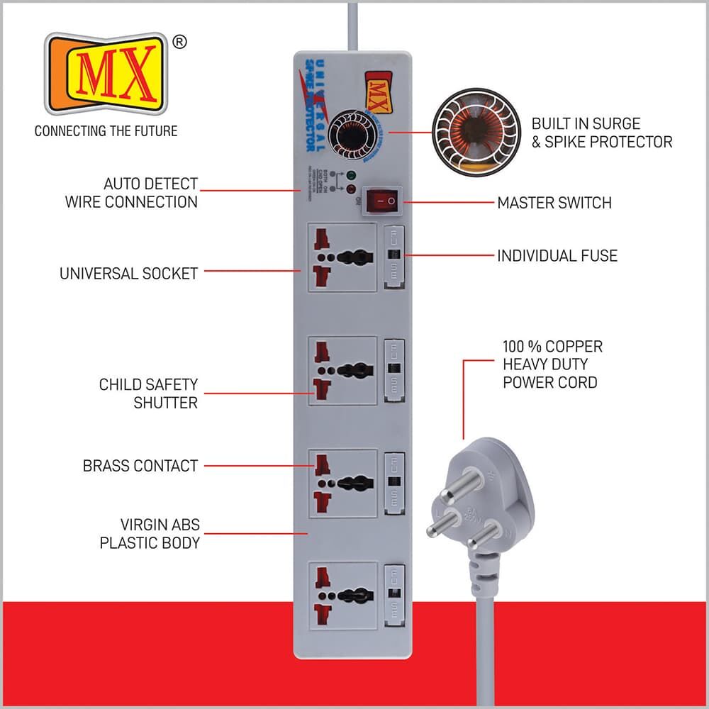 MX 4 Outlet Universal Surge Protector With Individual Fuse For Each Socket, Heavy Duty 1.5 mtr Power Cord & With Child safety Shutter for home appliances like electric cooktop & Stove - Image 2