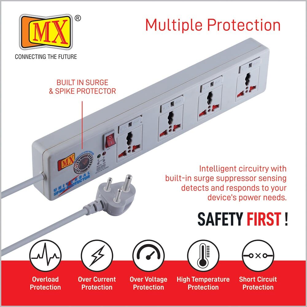 MX 4 Outlet Universal Surge Protector With Individual Fuse For Each Socket, Heavy Duty 1.5 mtr Power Cord & With Child safety Shutter for home appliances like electric cooktop & Stove - Image 5
