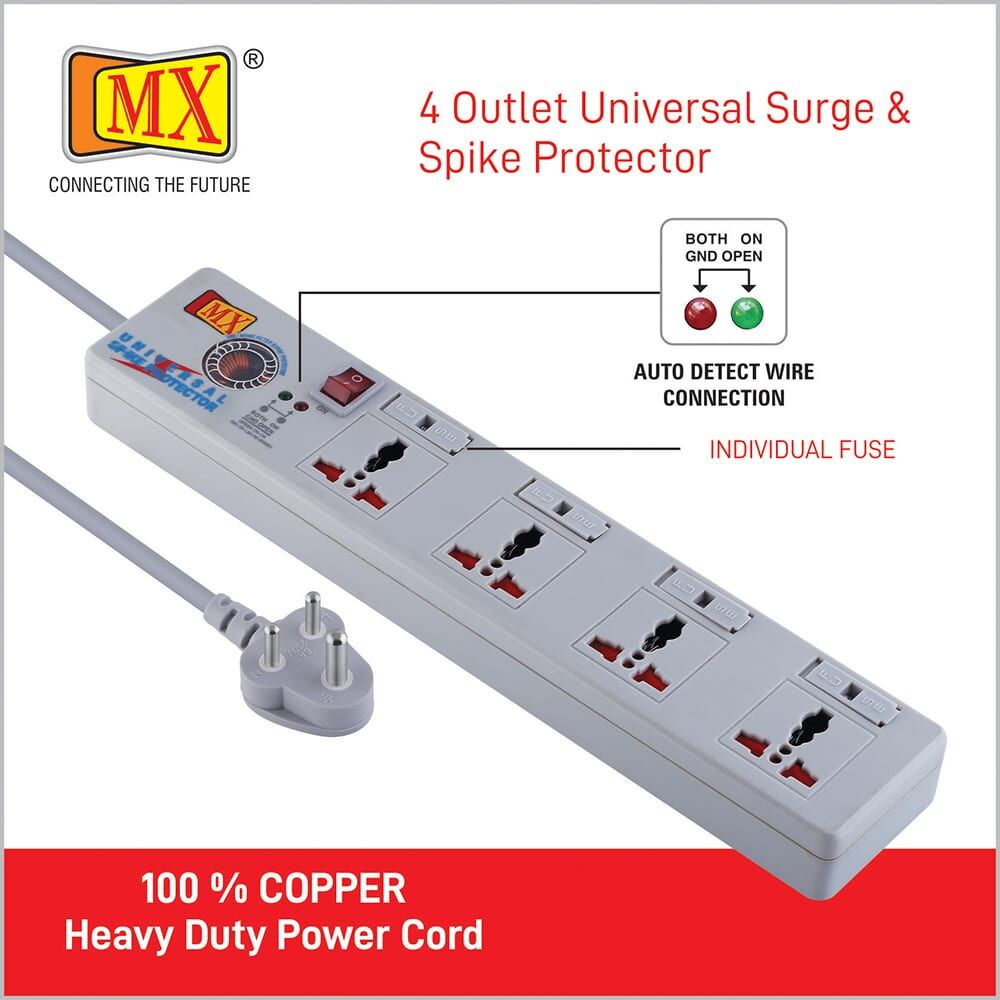 MX 4 Outlet Universal Surge Protector With Individual Fuse For Each Socket, Heavy Duty 1.5 mtr Power Cord & With Child safety Shutter for home appliances like electric cooktop & Stove - Image 3