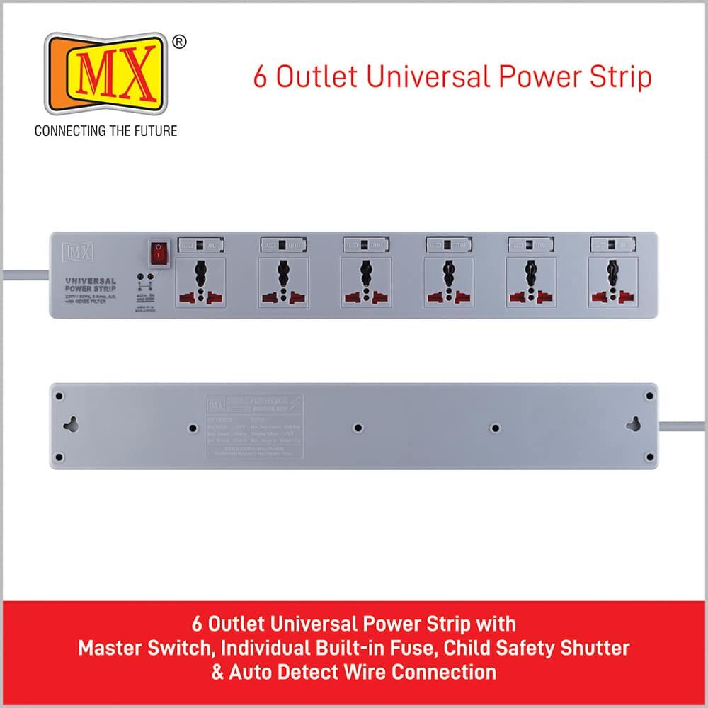 MX 6 Outlet Universal Power Strip With Individual Fuse For Each Socket, Heavy Duty 1.5 mtr Power Cord & With Child safety Shutter for home appliances like electric cooktop & Stove - Image 5