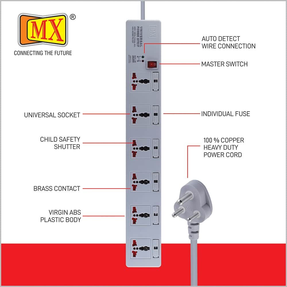 MX 6 Outlet Universal Power Strip With Individual Fuse For Each Socket, Heavy Duty 1.5 mtr Power Cord & With Child safety Shutter for home appliances like electric cooktop & Stove - Image 2