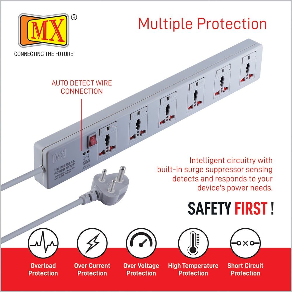 MX 6 Outlet Universal Power Strip With Individual Fuse For Each Socket, Heavy Duty 1.5 mtr Power Cord & With Child safety Shutter for home appliances like electric cooktop & Stove - Image 4