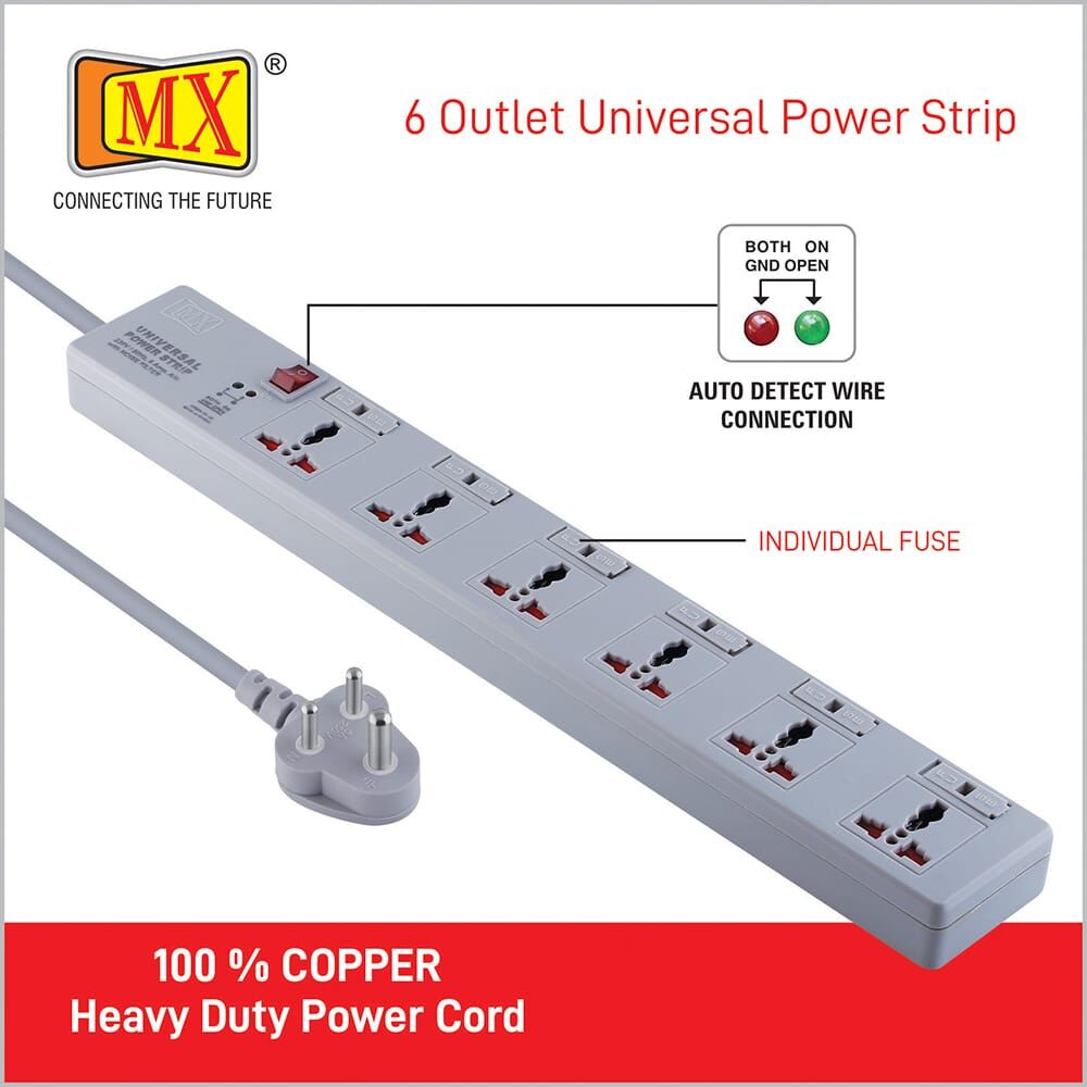 MX 6 Outlet Universal Power Strip With Individual Fuse For Each Socket, Heavy Duty 1.5 mtr Power Cord & With Child safety Shutter for home appliances like electric cooktop & Stove - Image 3