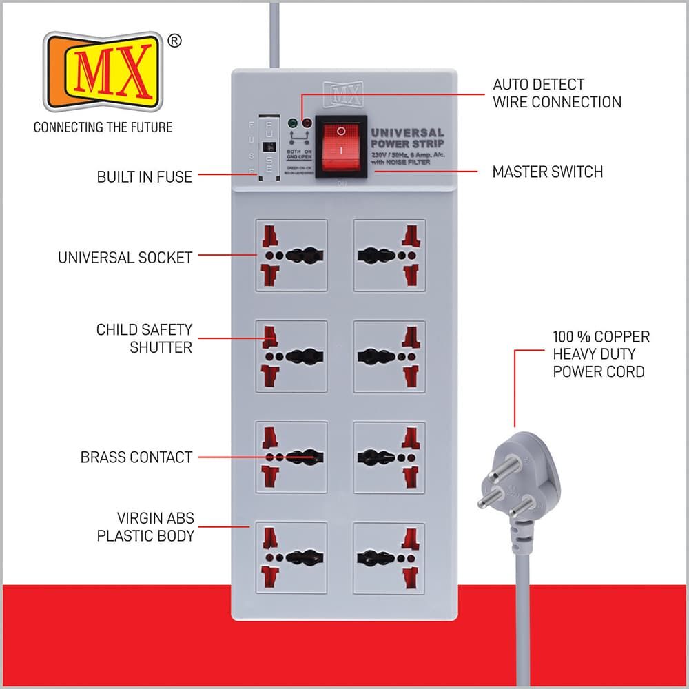 MX Power Strip with 8 Universal Socket, Master Switch, Power Indicator, And Child Safety Shutter 1.5 meters Power Cord for home appliances like electric cooktop & Stove - Image 2