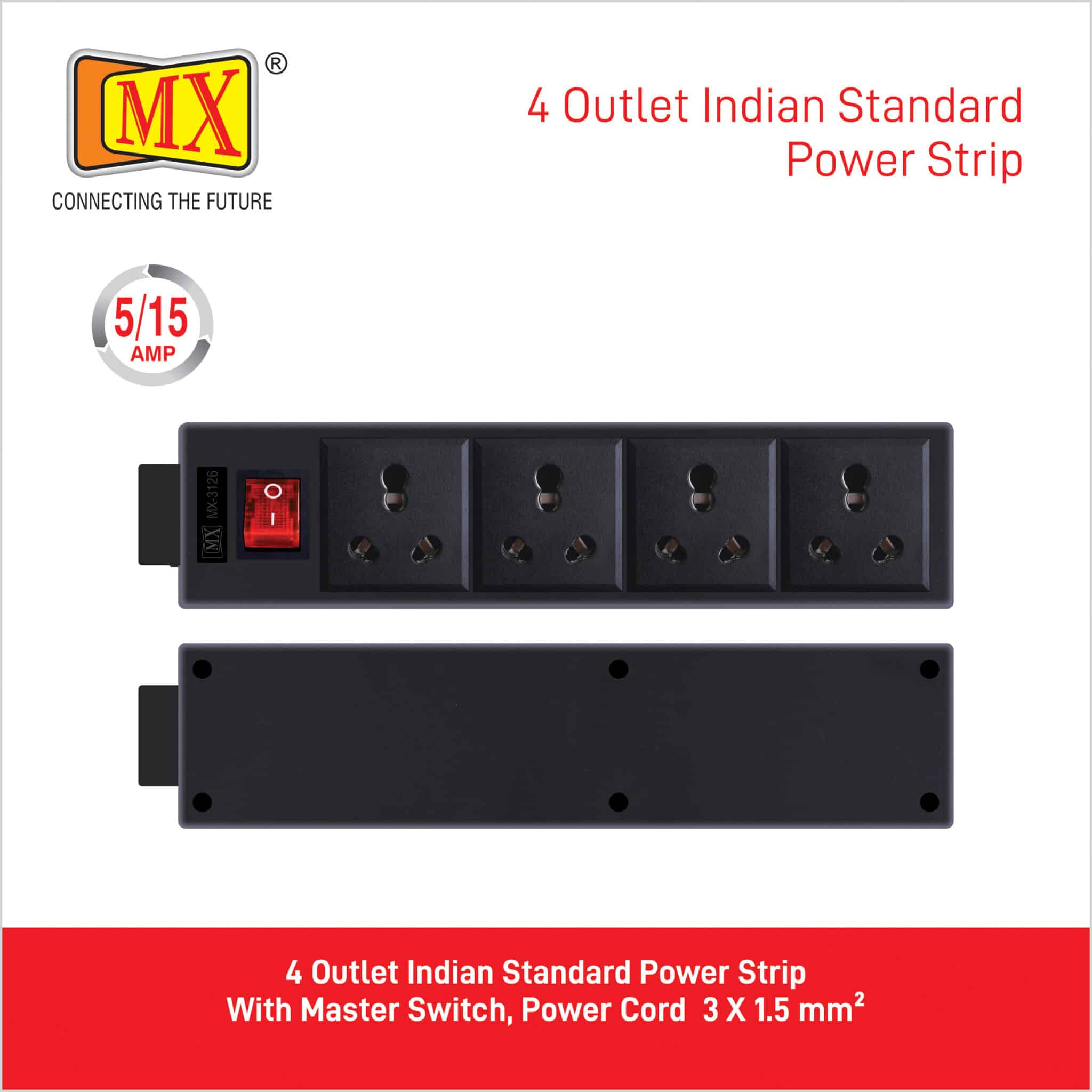 MX 4 Outlet Indian Standard 15 AMP Power Strip With Master Switch, Heavy Duty 1.5 mtr Power Cord for home appliances like electric cooktop & Stove - Image 3