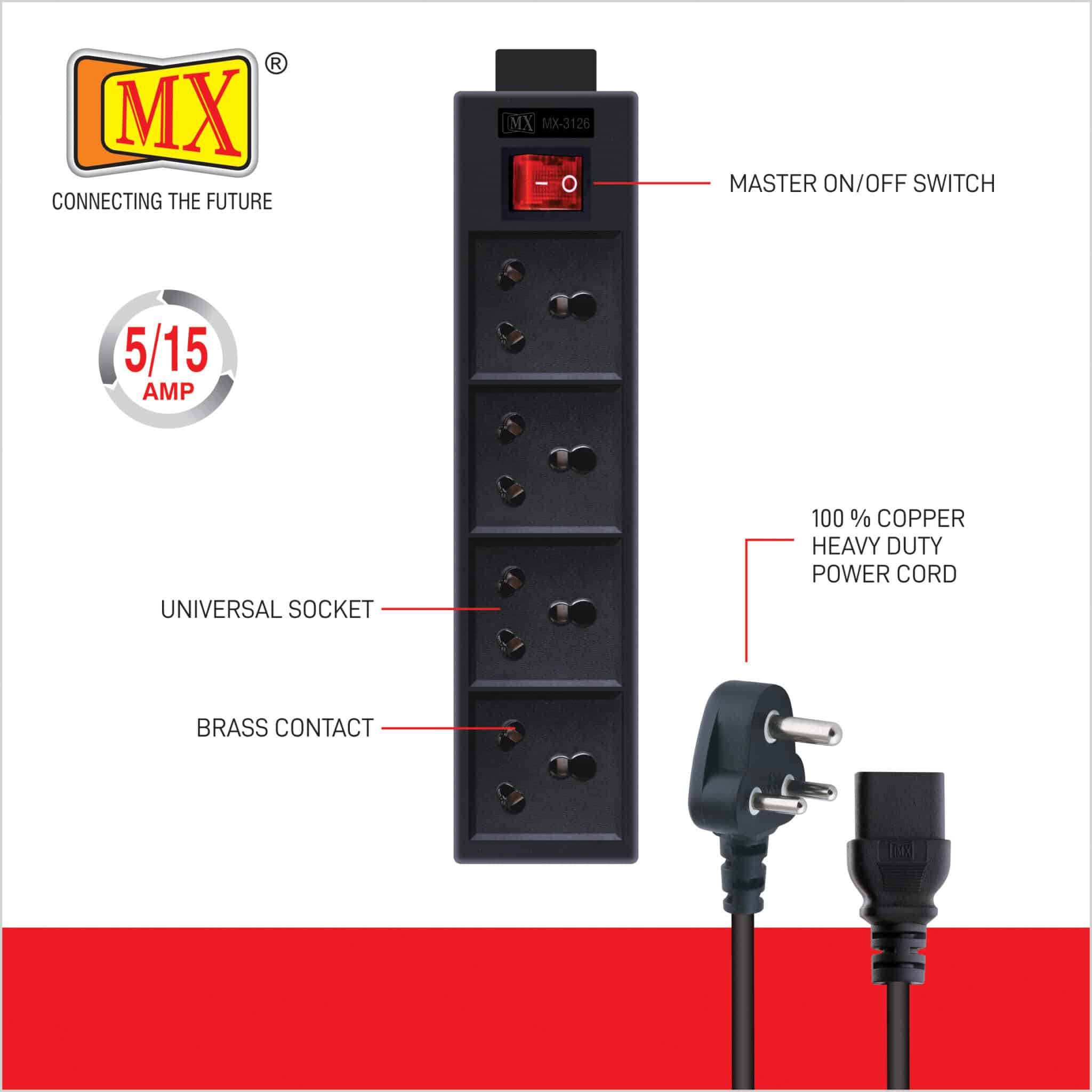 MX 4 Outlet Indian Standard 15 AMP Power Strip With Master Switch, Heavy Duty 1.5 mtr Power Cord for home appliances like electric cooktop & Stove - Image 2