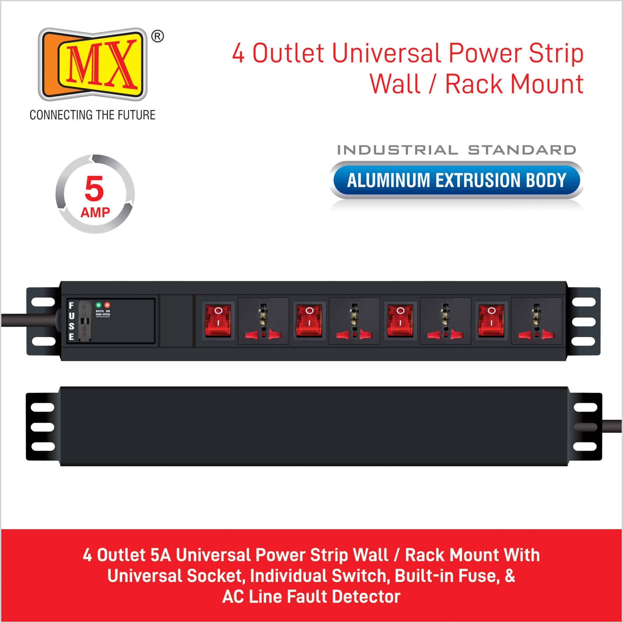 MX 4 Outlet Power Distribution Unit with Universal Socket 5 Amp with Individual Switch, Child Safety Shutter, Industrial Standard Aluminium Extrusion Body - Wall Mount, Desk Mount and 19 inches Rack Mountable with 1.5 Meters Power Cord for home appliances like electric cooktop & Stove - Image 3