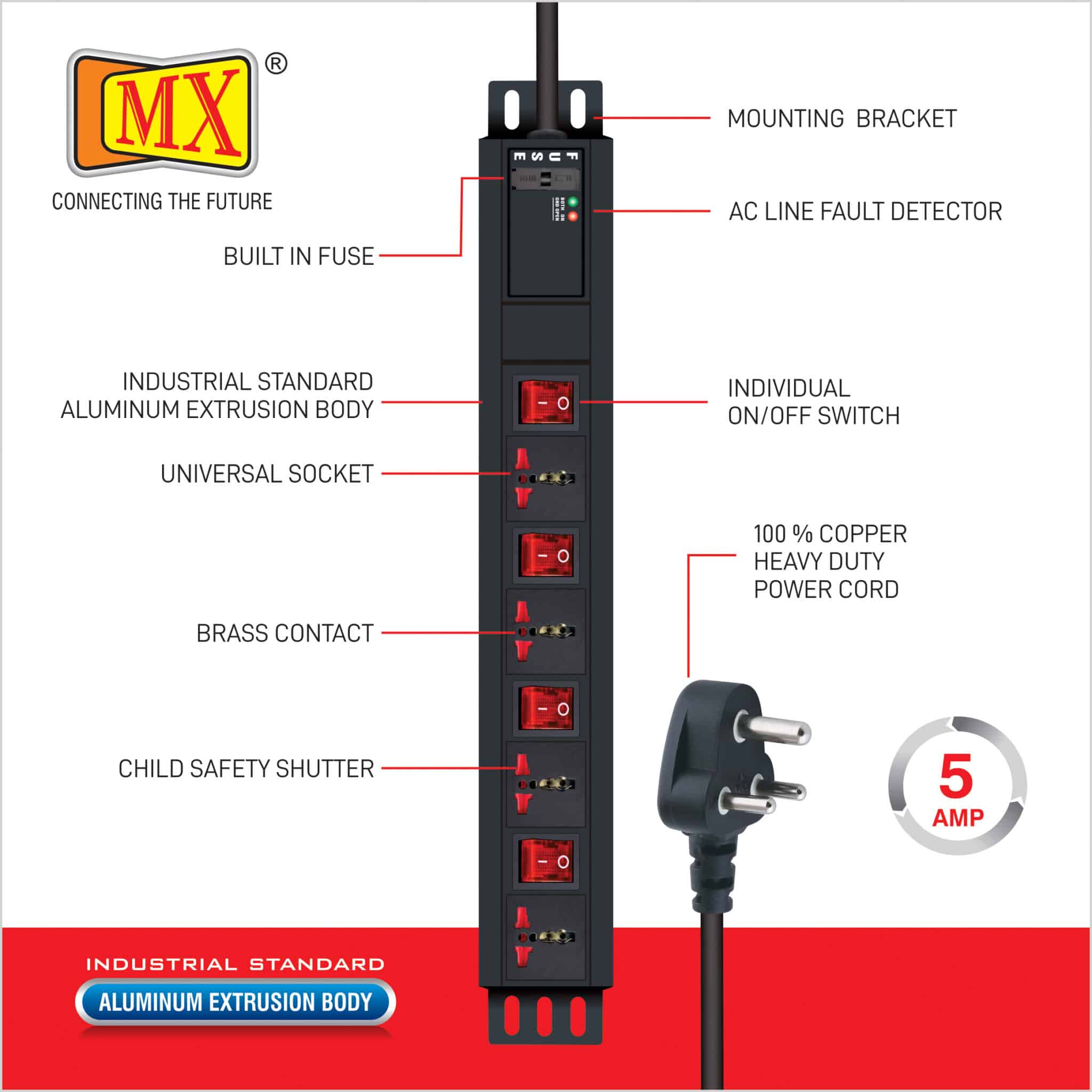 MX 4 Outlet Power Distribution Unit with Universal Socket 5 Amp with Individual Switch, Child Safety Shutter, Industrial Standard Aluminium Extrusion Body - Wall Mount, Desk Mount and 19 inches Rack Mountable with 1.5 Meters Power Cord for home appliances like electric cooktop & Stove - Image 2