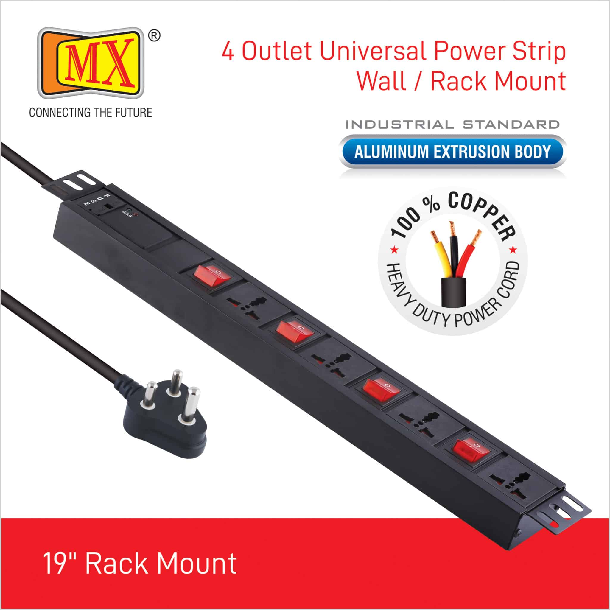 MX 4 Outlet Power Distribution Unit with Universal Socket 5 Amp with Individual Switch, Child Safety Shutter, Industrial Standard Aluminium Extrusion Body - Wall Mount, Desk Mount and 19 inches Rack Mountable with 1.5 Meters Power Cord for home appliances like electric cooktop & Stove - Image 4