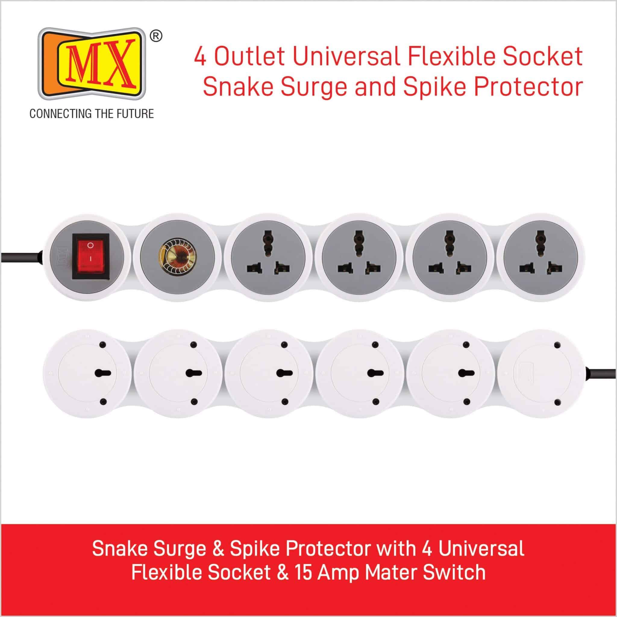 MX 4 Outlet Universal Sockets Snake Surge Protector & Spike Guard with 15 Amp Master Switch 1.5 mtr cord for home appliances like electric cooktop & Stove - Image 2