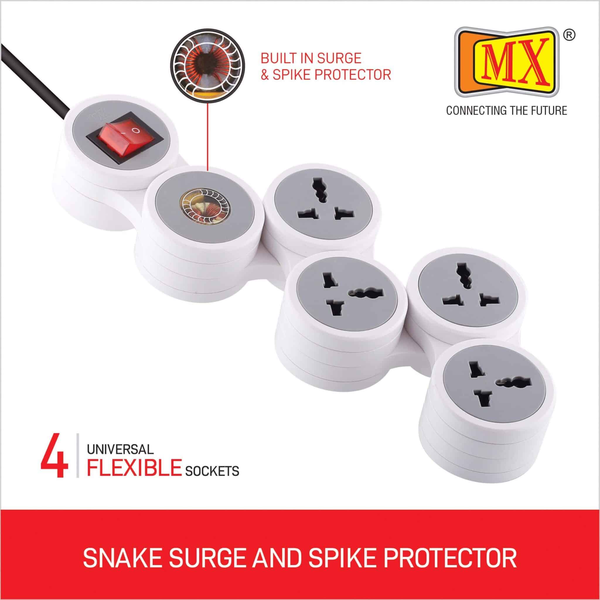 MX 4 Outlet Universal Sockets Snake Surge Protector & Spike Guard with 15 Amp Master Switch 1.5 mtr cord for home appliances like electric cooktop & Stove - Image 4