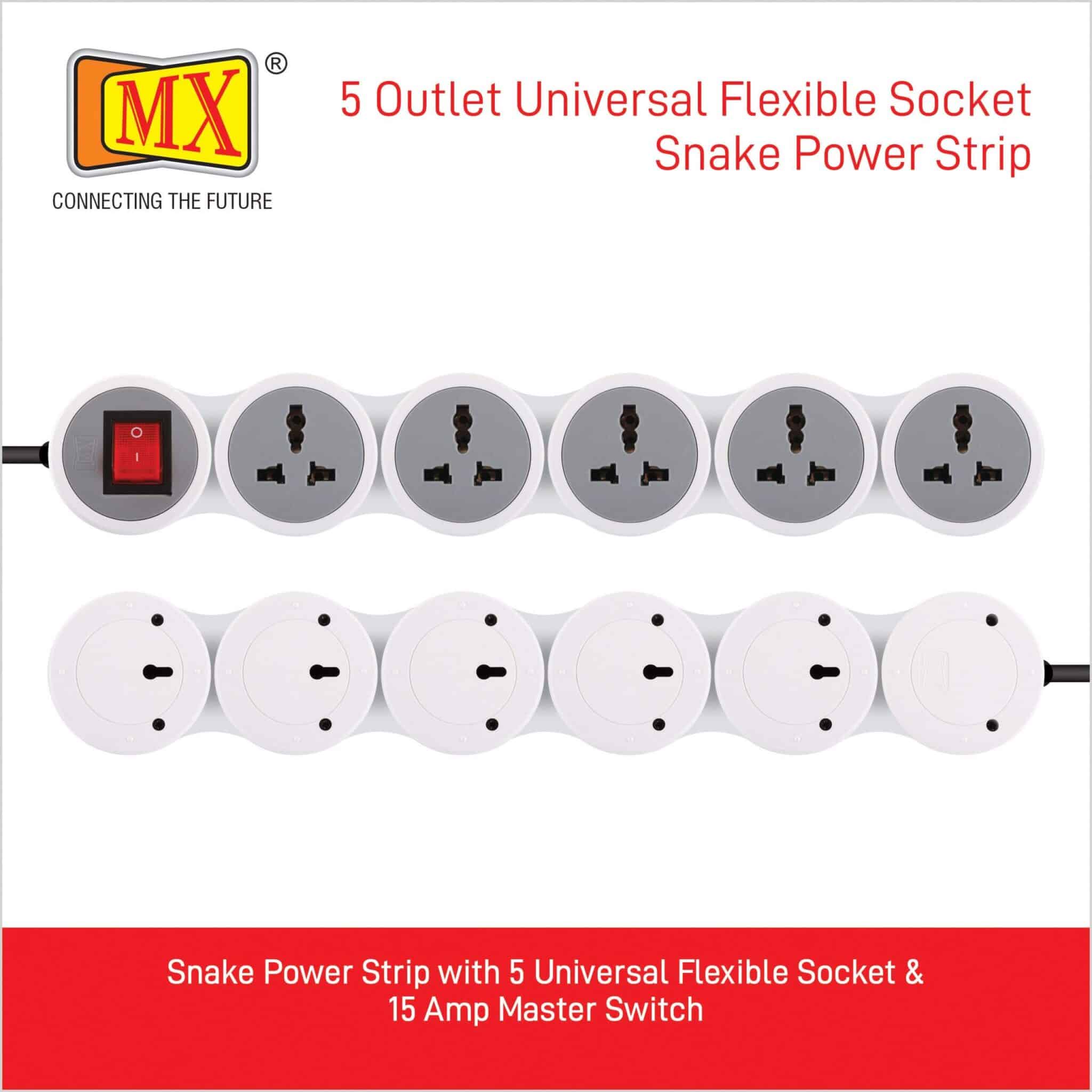 MX 5 Outlet Universal Sockets Snake Power Strip with 15 Amp Master Switch 1.5 mtr cord for home appliances like electric cooktop & Stove - Image 2