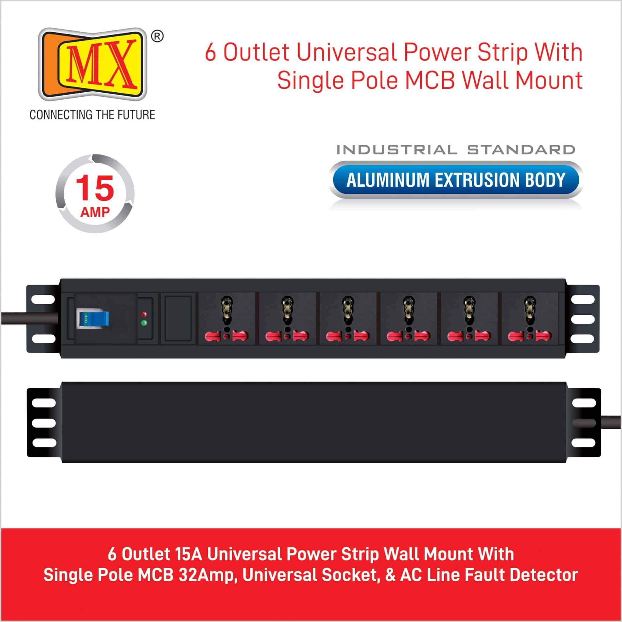 MX 6-Outlet Power Distribution Unit Universal Power Strip 15 AMP with Single Pole MCB - 5 Meters for home appliances like electric cooktop & Stove - Image 2