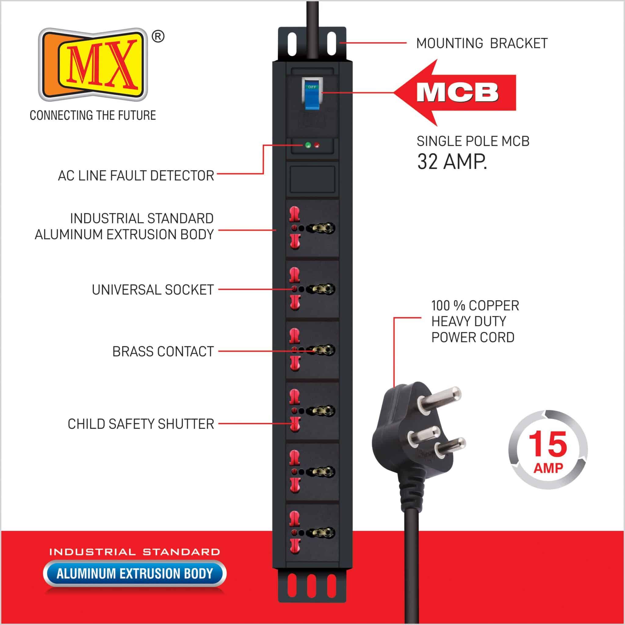 MX 6-Outlet Power Distribution Unit Universal Power Strip 15 AMP with Single Pole MCB - 5 Meters for home appliances like electric cooktop & Stove - Image 5