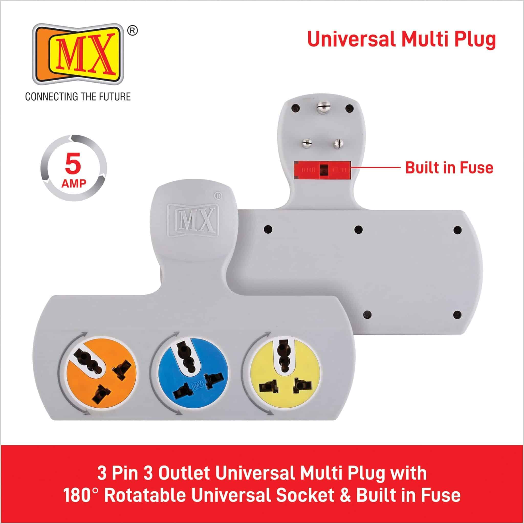 MX 3-Pin 3-Socket Universal Adaptor, 5 Amp, with Rotatable Sockets - Image 5