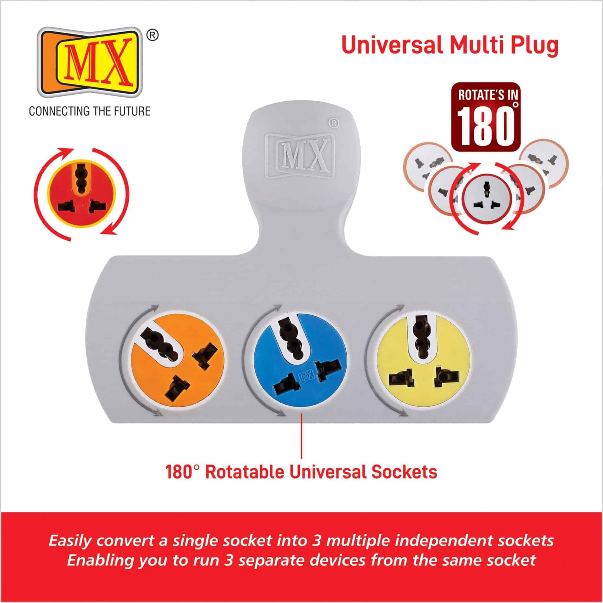 MX 3-Pin 3-Socket Universal Adaptor, 5 Amp, with Rotatable Sockets - Image 2