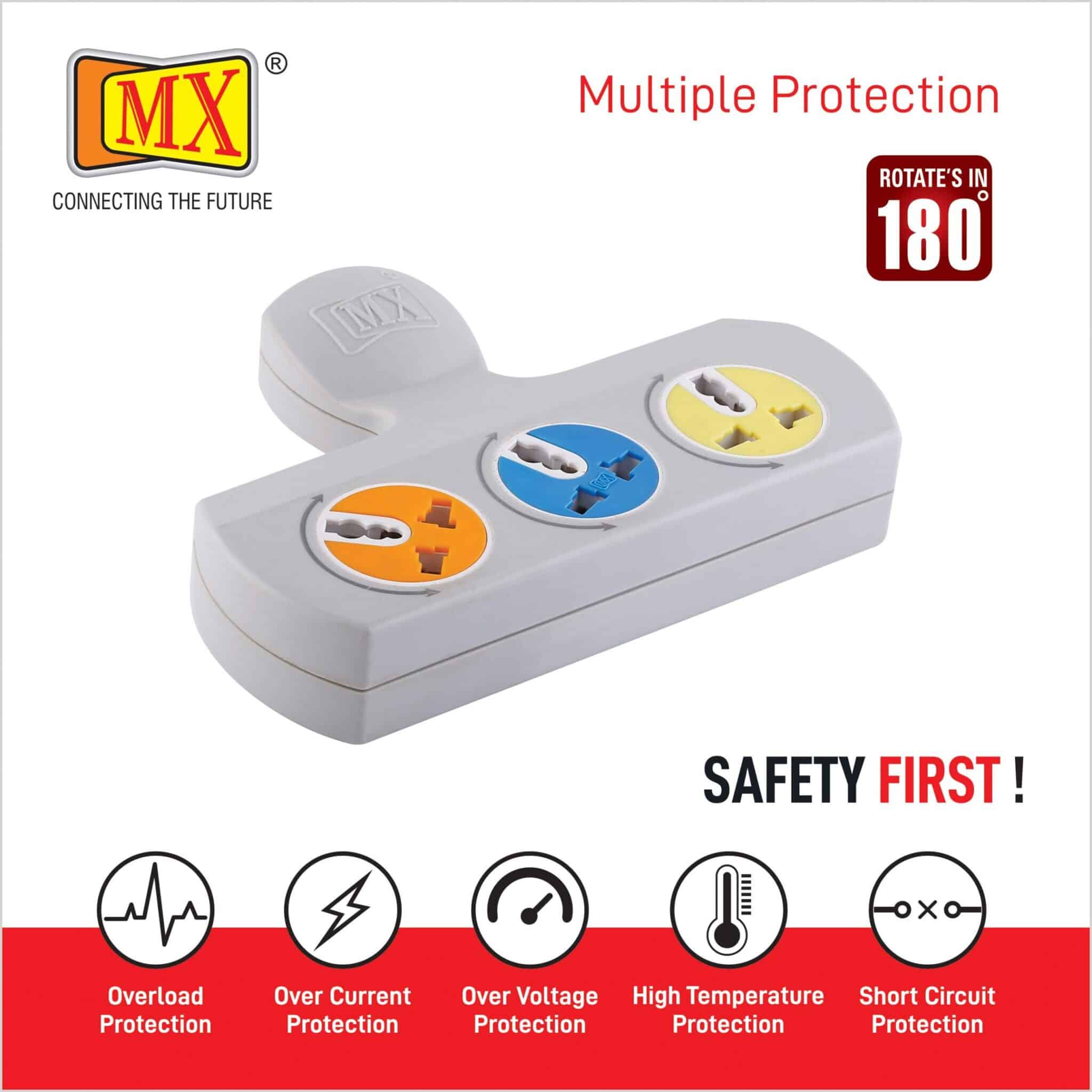 MX 3-Pin 3-Socket Universal Adaptor, 5 Amp, with Rotatable Sockets - Image 3