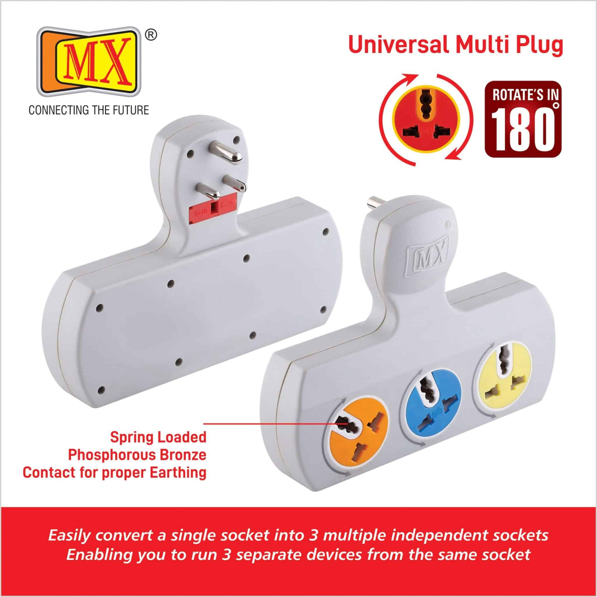 MX 3-Pin 3-Socket Universal Adaptor, 5 Amp, with Rotatable Sockets - Image 4