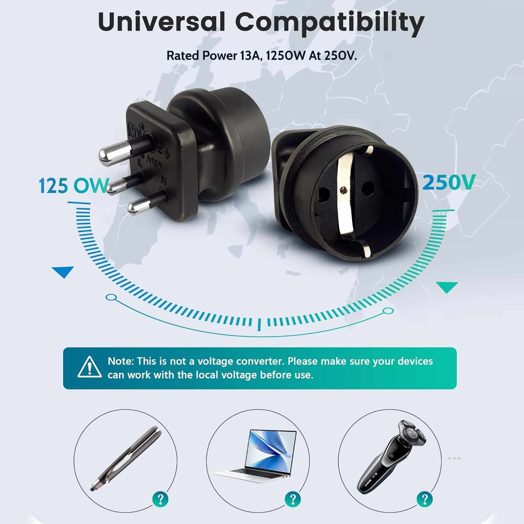 MX European (Schuko) to India Plug Adapter 5 Amp- Convert European Type E/F Input to India Type D Three Prong Output Connection, Black