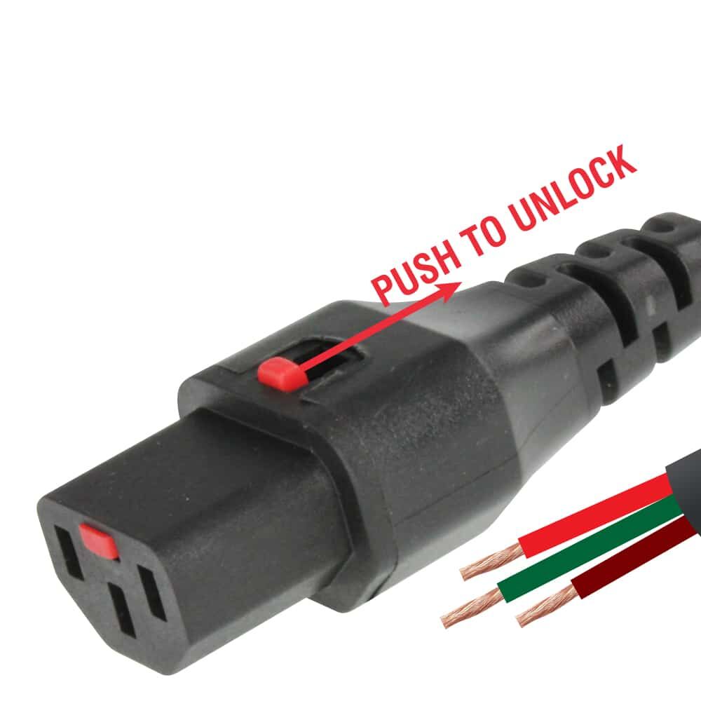 MX IEC Autolock C-13: 3 Pin: AC Female / Open End Cord 10 Amp - 3 x 0.75 Sq. mm - 3 Mtr