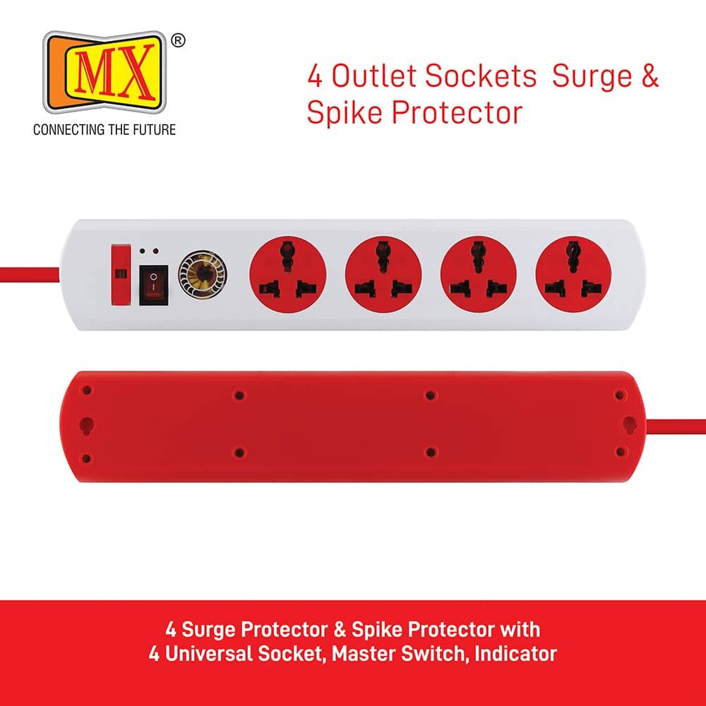 MX 4 Surge Protector & Spike Protector with 4 Universal Socket, Master Switch, Indicator, 3 mtr Cord Length for home appliances like electric cooktop & Stove - Image 4