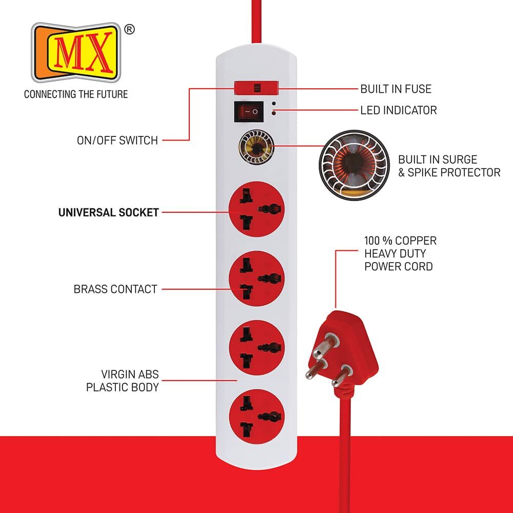 MX 4 Surge Protector & Spike Protector with 4 Universal Socket, Master Switch, Indicator, 3 mtr Cord Length for home appliances like electric cooktop & Stove - Image 2