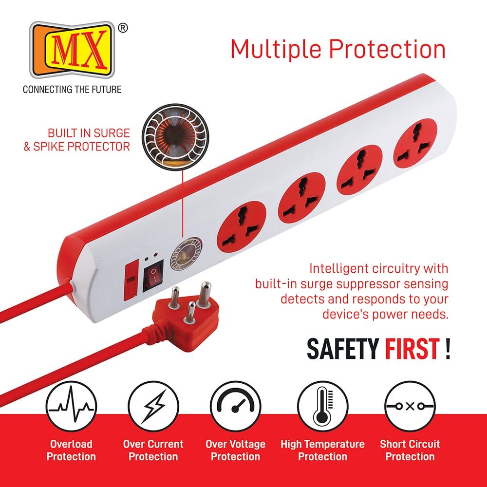 MX 4 Surge Protector & Spike Protector with 4 Universal Socket, Master Switch, Indicator, 3 mtr Cord Length for home appliances like electric cooktop & Stove - Image 5