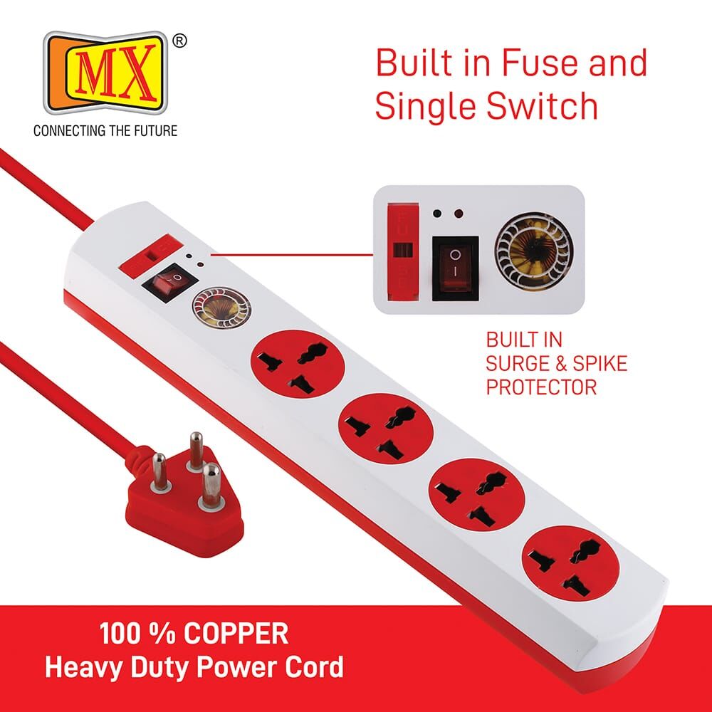 MX 4 Surge Protector & Spike Protector with 4 Universal Socket, Master Switch, Indicator, 3 mtr Cord Length for home appliances like electric cooktop & Stove - Image 3