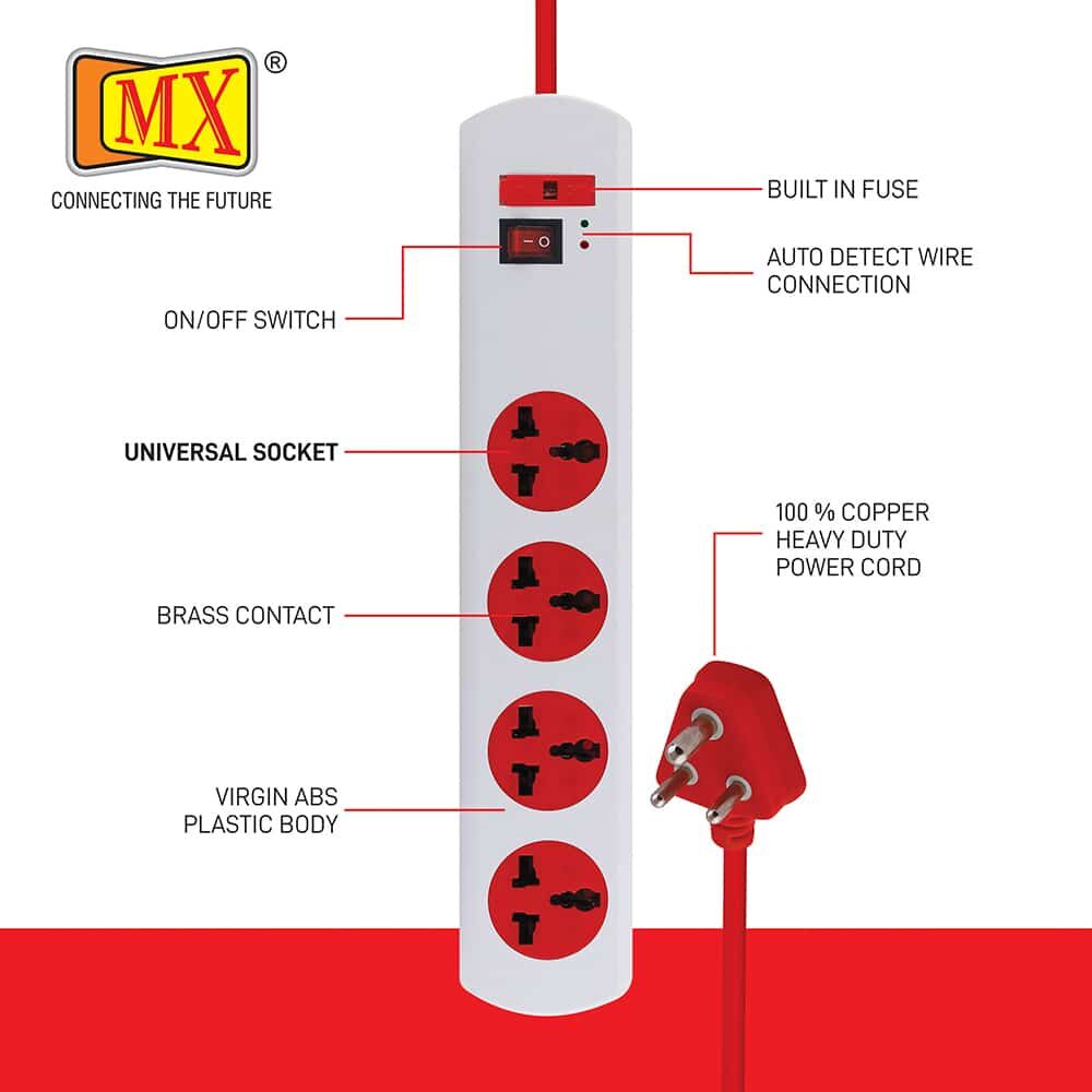 MX Power Strip with 4 Universal Socket, Master Switch, Indicator, Auto detect Wire Connection, 3 mtr Cord Length for home appliances like electric cooktop & Stove - Image 2