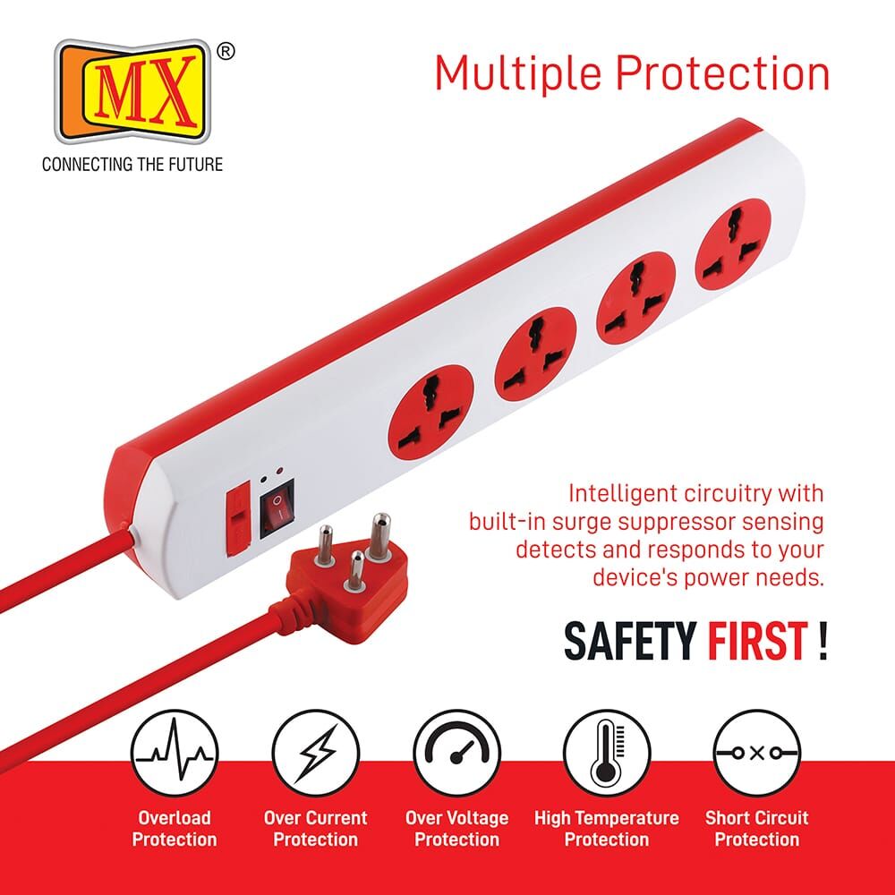 MX Power Strip with 4 Universal Socket, Master Switch, Indicator, Auto detect Wire Connection, 3 mtr Cord Length for home appliances like electric cooktop & Stove - Image 5