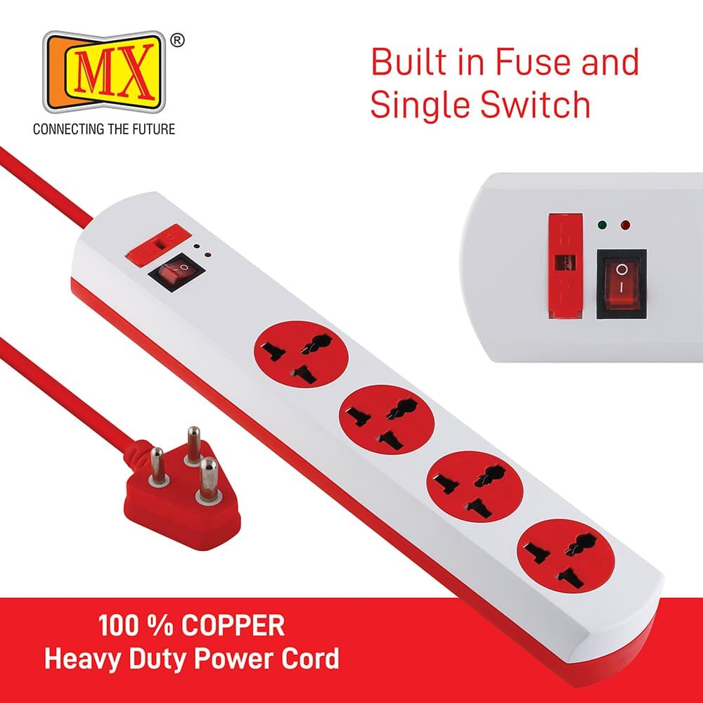 MX Power Strip with 4 Universal Socket, Master Switch, Indicator, Auto detect Wire Connection, 3 mtr Cord Length for home appliances like electric cooktop & Stove - Image 3