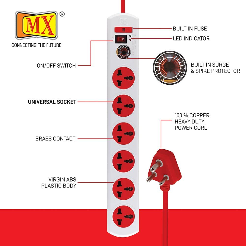 MX 6 Surge Protector & Spike Protector with 6 Universal Socket, Master Switch, Power Indicator, 1.5 mtr Cord Length for home appliances like electric cooktop & Stove - Image 2
