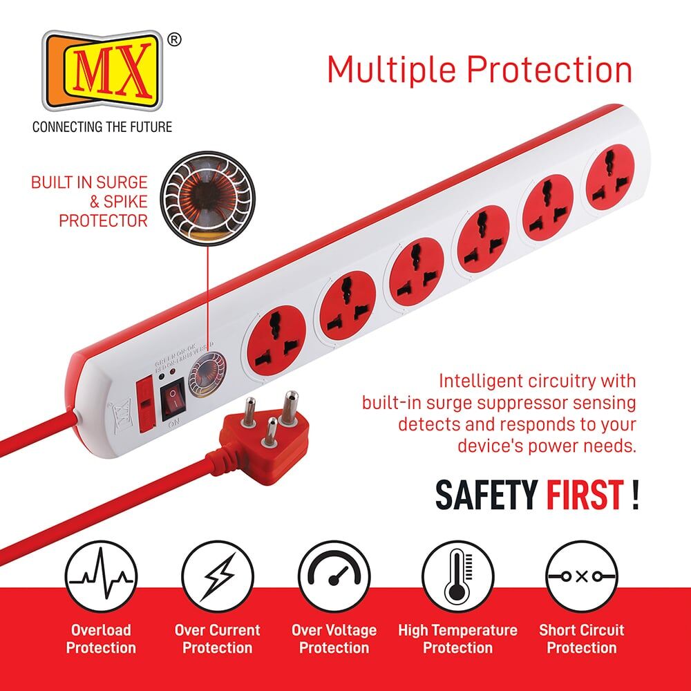 MX 6 Surge Protector & Spike Protector with 6 Universal Socket, Master Switch, Power Indicator, 1.5 mtr Cord Length for home appliances like electric cooktop & Stove - Image 4