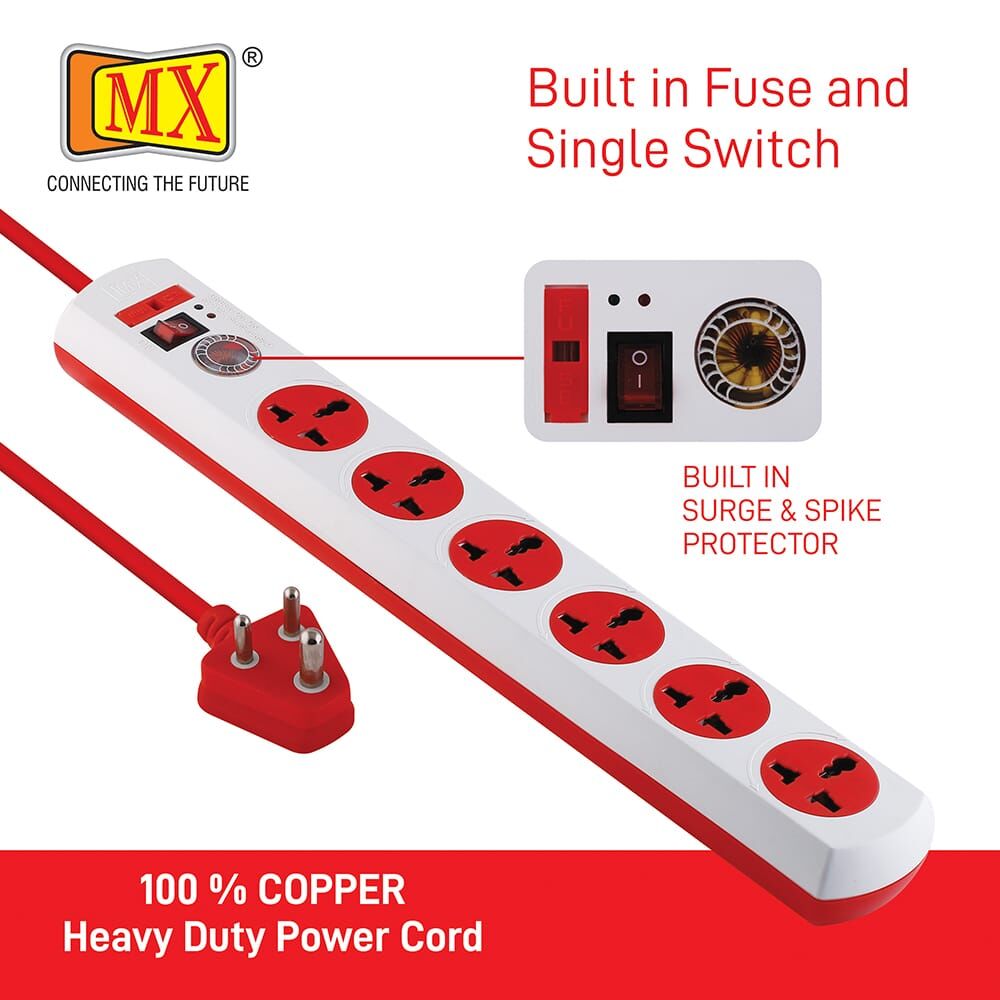 MX 6 Surge Protector & Spike Protector with 6 Universal Socket, Master Switch, Power Indicator, 1.5 mtr Cord Length for home appliances like electric cooktop & Stove - Image 3