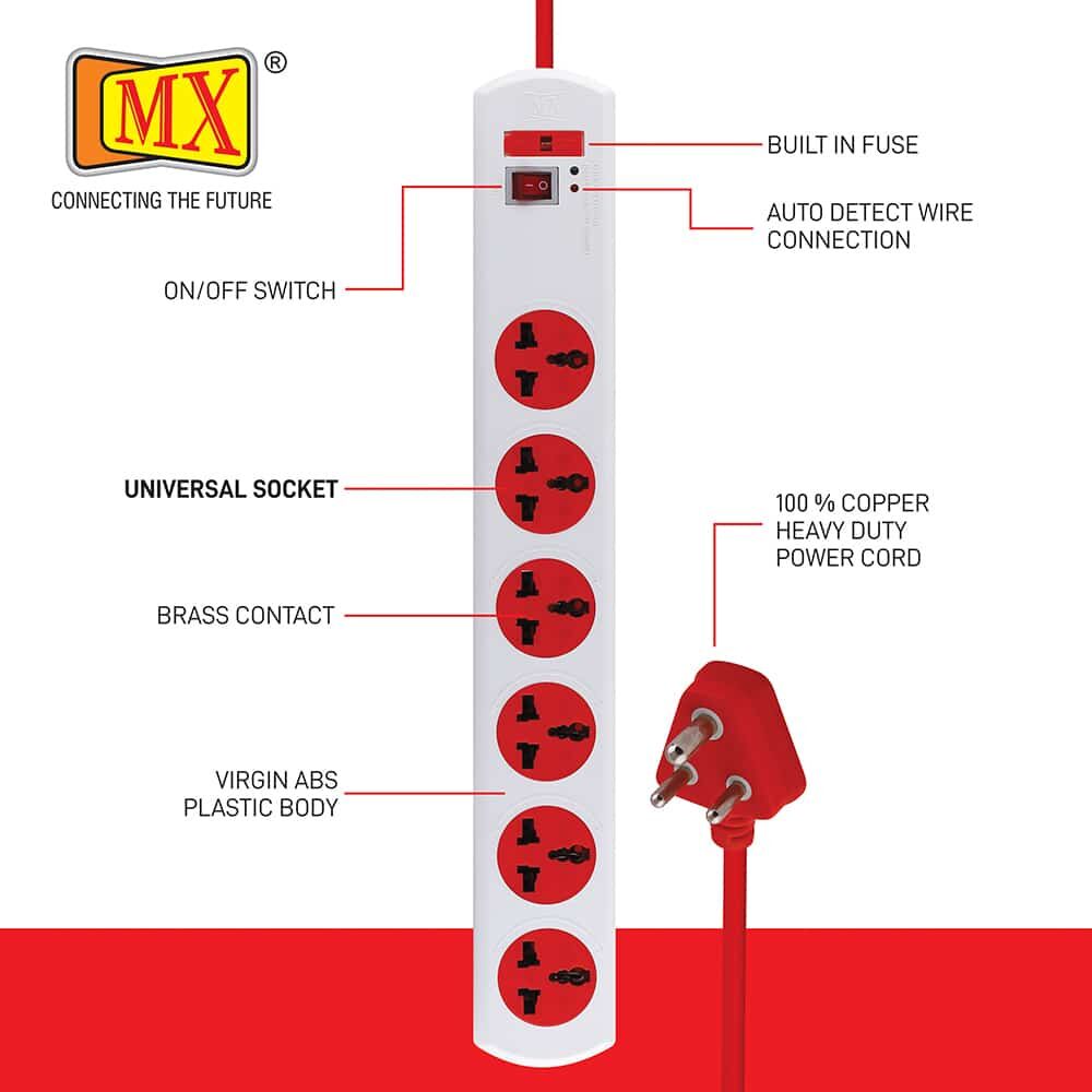 MX Power Strip with 6 Universal Socket, Master Switch, Power Indicator, 3 mtr Cord Length for home appliances like electric cooktop & Stove - Image 2
