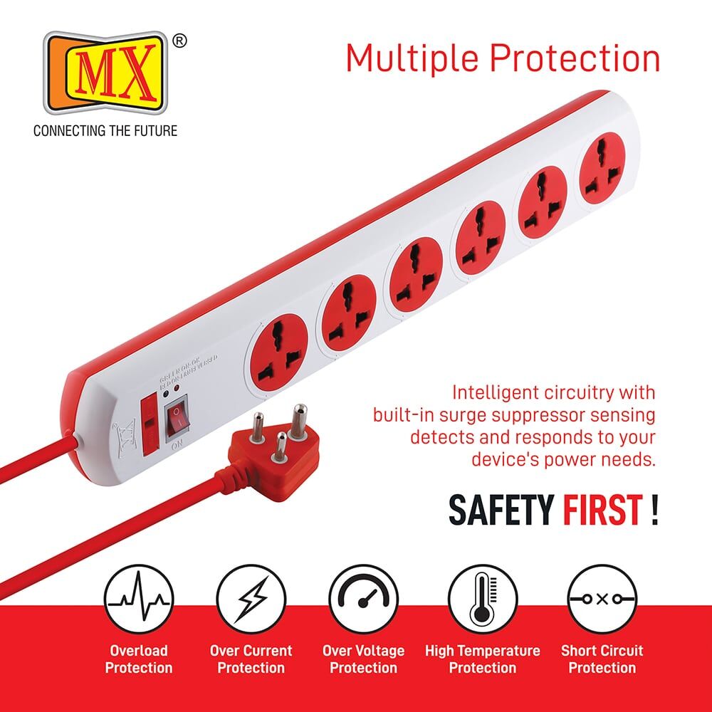 MX Power Strip with 6 Universal Socket, Master Switch, Power Indicator, 3 mtr Cord Length for home appliances like electric cooktop & Stove - Image 5