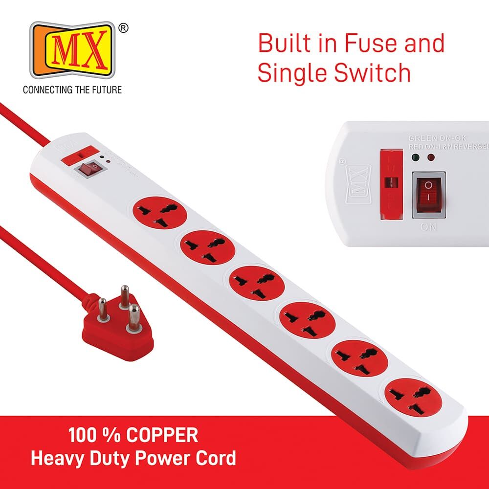 MX Power Strip with 6 Universal Socket, Master Switch, Power Indicator, 3 mtr Cord Length for home appliances like electric cooktop & Stove - Image 4